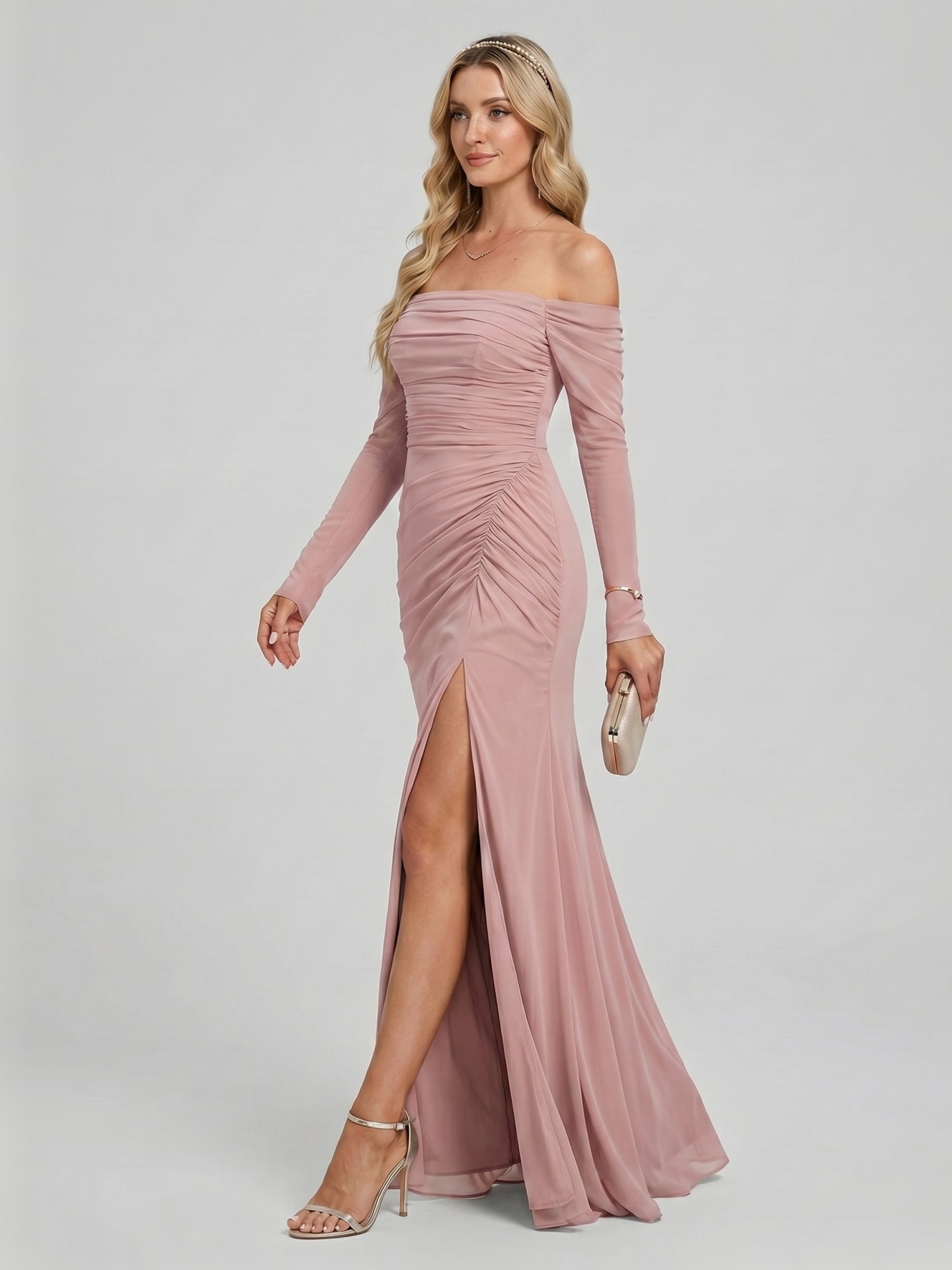 Elegant Dusty Rose Chiffon column Off-the-Shoulder Back Zip Ankle-Length Bridesmaid Dress