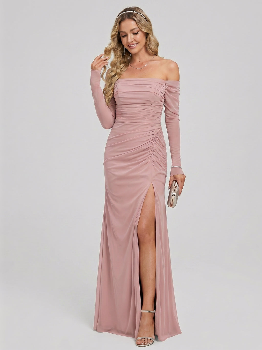 Elegant Dusty Rose Chiffon column Off-the-Shoulder Back Zip Ankle-Length Bridesmaid Dress