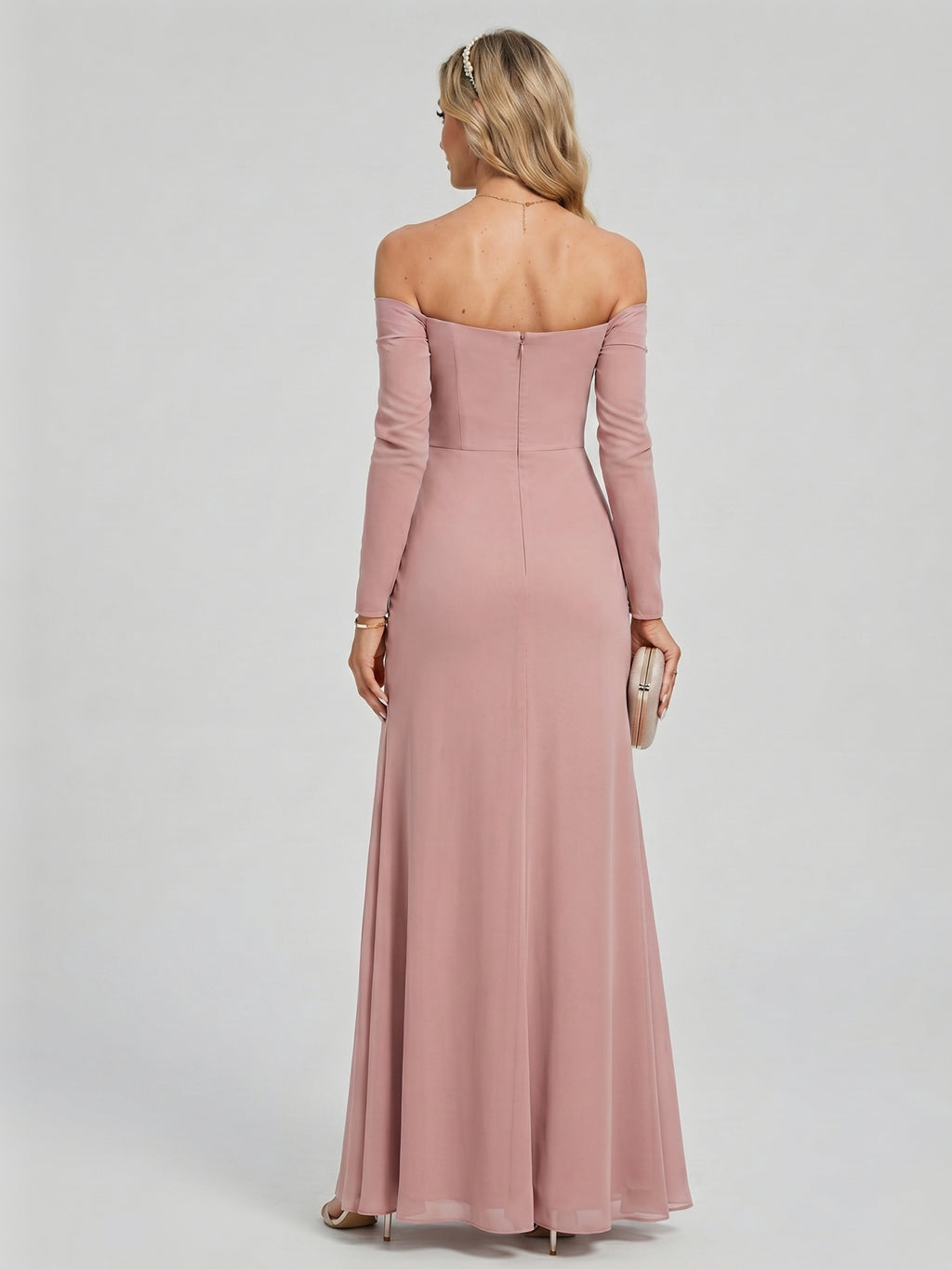 Elegant Dusty Rose Chiffon column Off-the-Shoulder Back Zip Ankle-Length Bridesmaid Dress