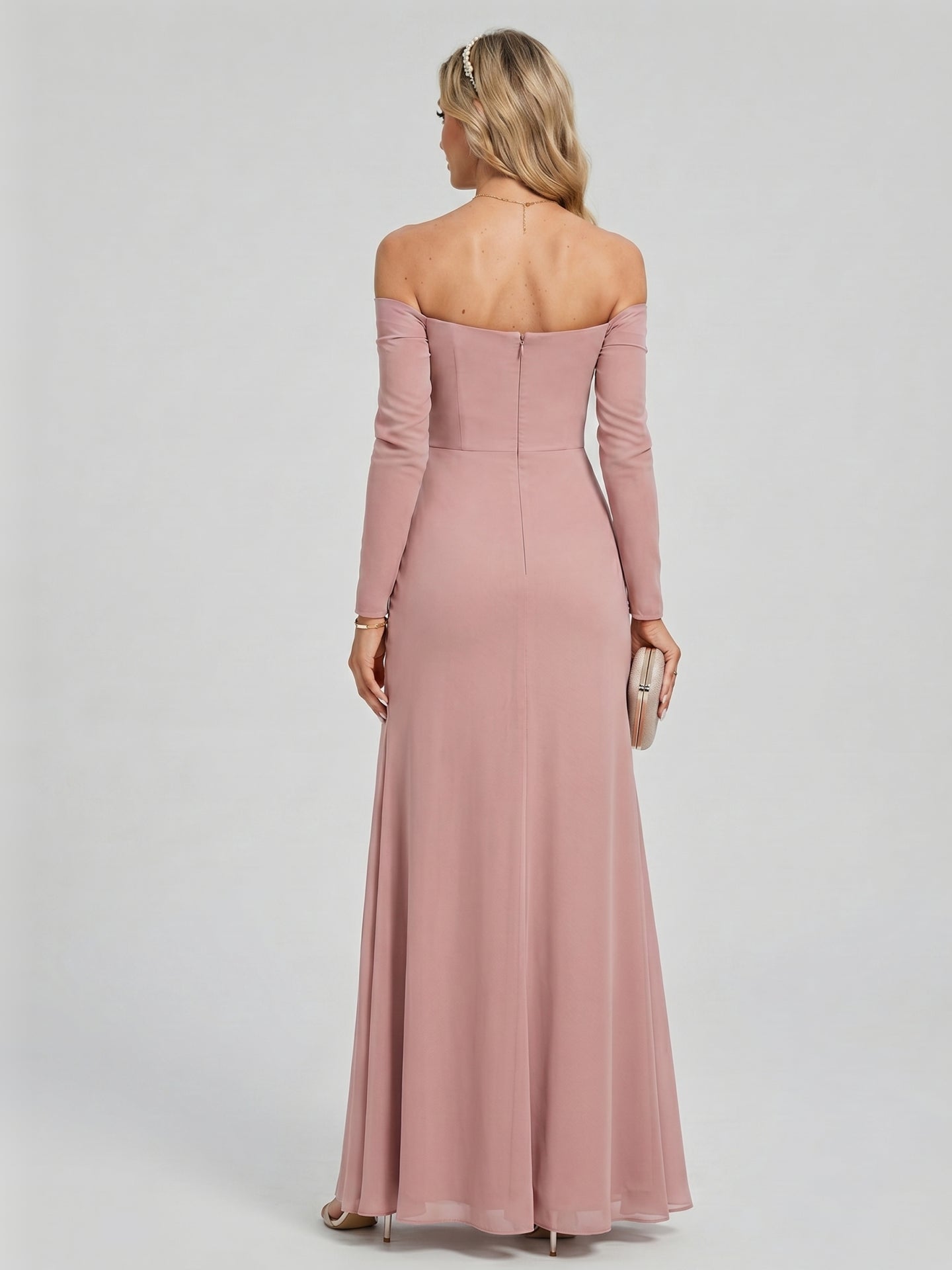 Elegant Dusty Rose Chiffon column Off-the-Shoulder Back Zip Ankle-Length Bridesmaid Dress