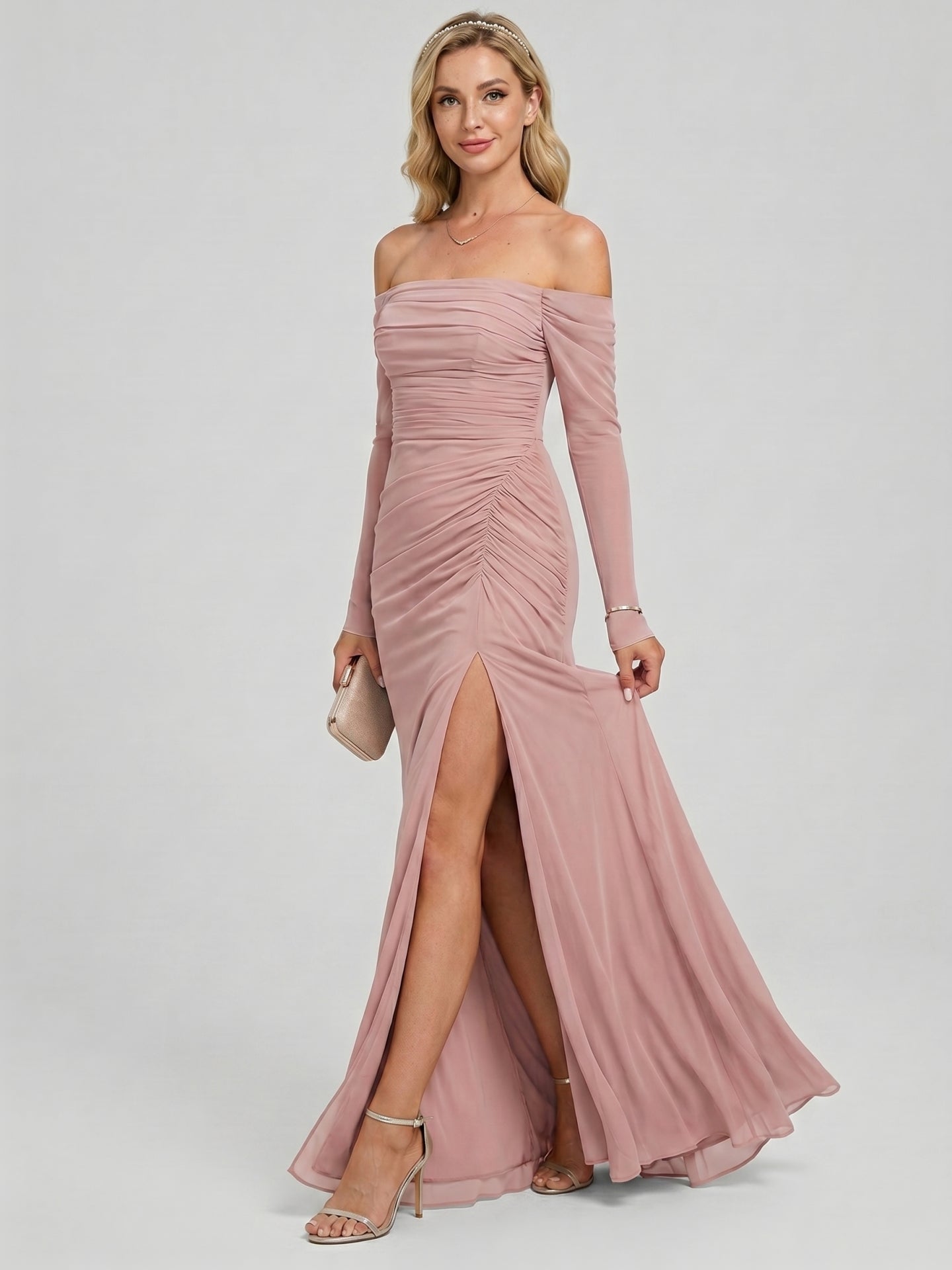 Elegant Dusty Rose Chiffon column Off-the-Shoulder Back Zip Ankle-Length Bridesmaid Dress