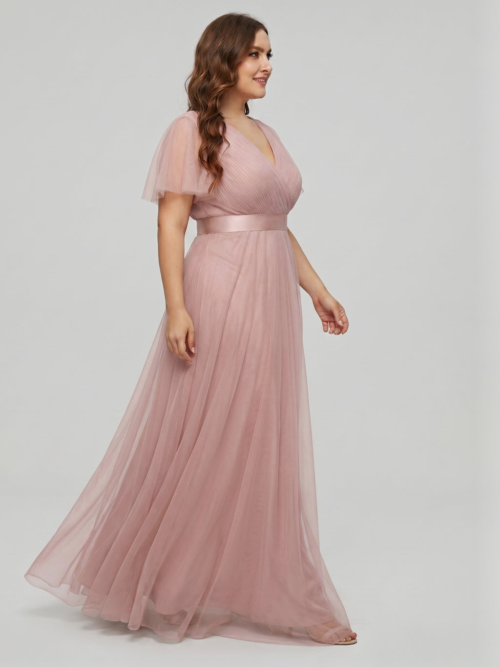 Sweet & Flowy Dusty Rose Tulle Empire V-Neck Back Zip Ankle-Length Plus Size Bridesmaid Dress