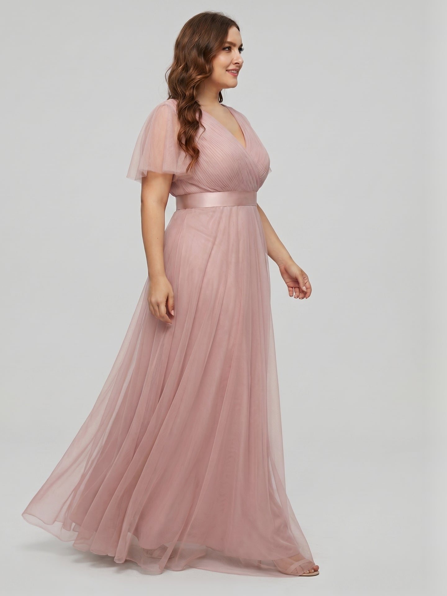 Sweet & Flowy Dusty Rose Tulle Empire V-Neck Back Zip Ankle-Length Plus Size Bridesmaid Dress