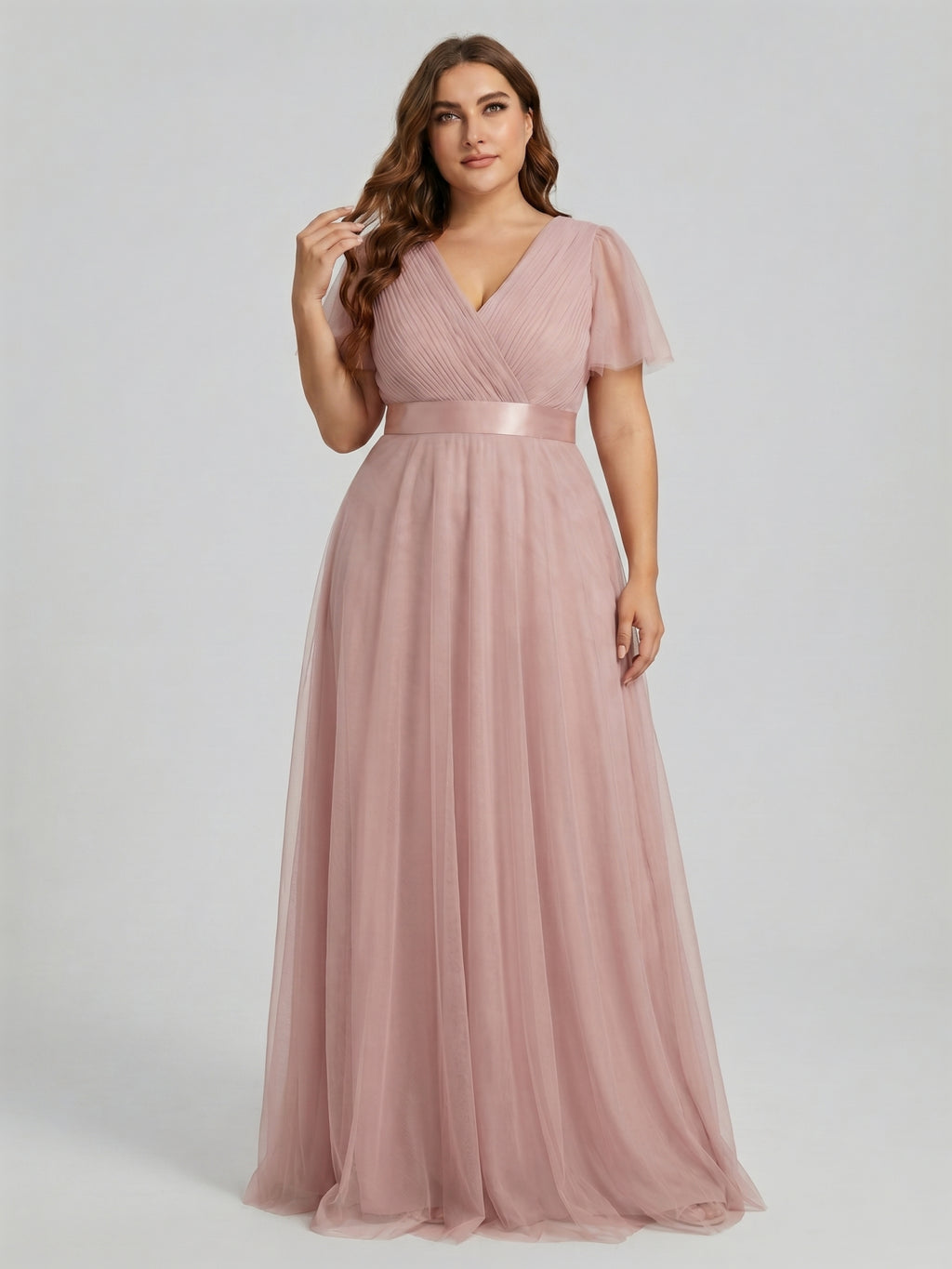 Sweet & Flowy Dusty Rose Tulle Empire V-Neck Back Zip Ankle-Length Plus Size Bridesmaid Dress