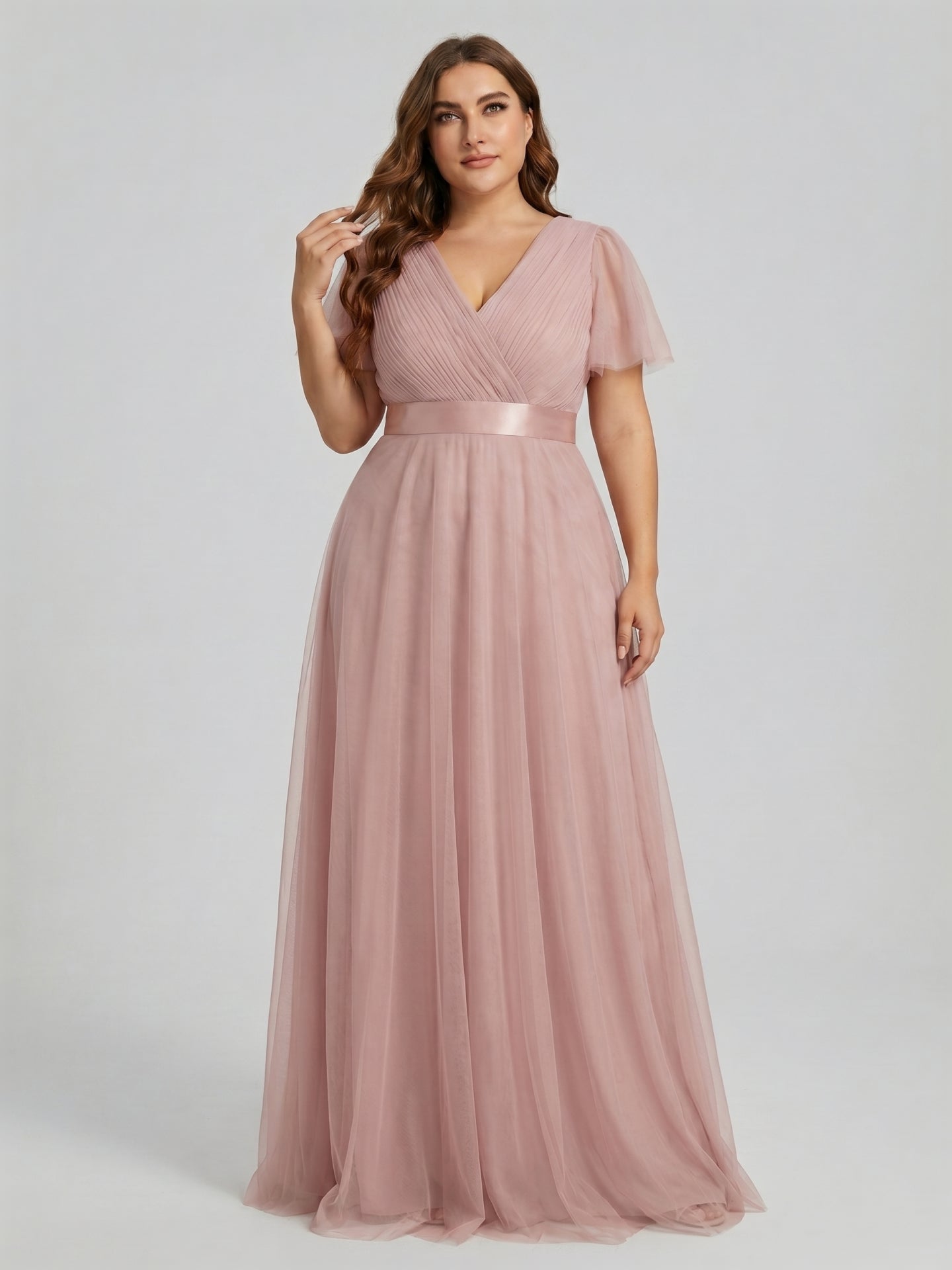 Sweet & Flowy Dusty Rose Tulle Empire V-Neck Back Zip Ankle-Length Plus Size Bridesmaid Dress