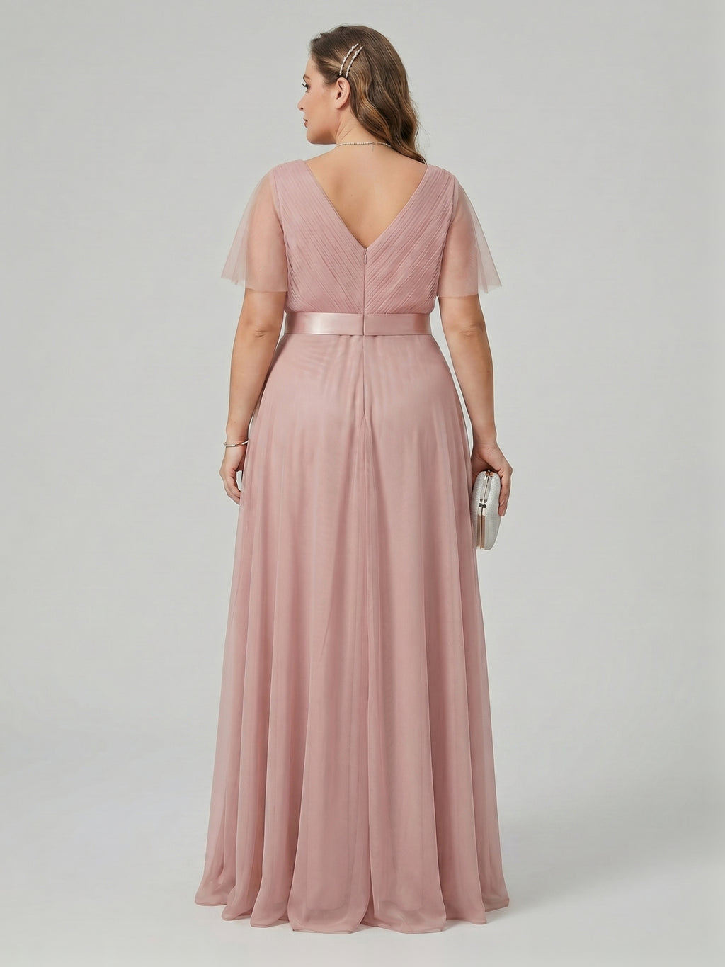 Sweet & Flowy Dusty Rose Tulle Empire V-Neck Back Zip Ankle-Length Plus Size Bridesmaid Dress