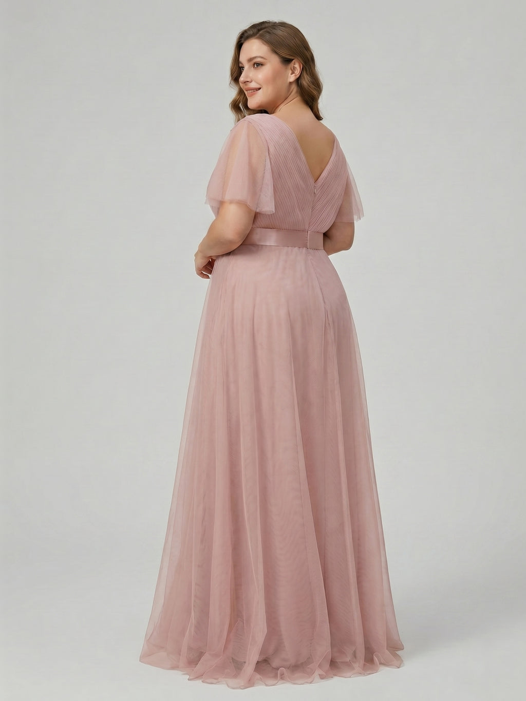 Sweet & Flowy Dusty Rose Tulle Empire V-Neck Back Zip Ankle-Length Plus Size Bridesmaid Dress