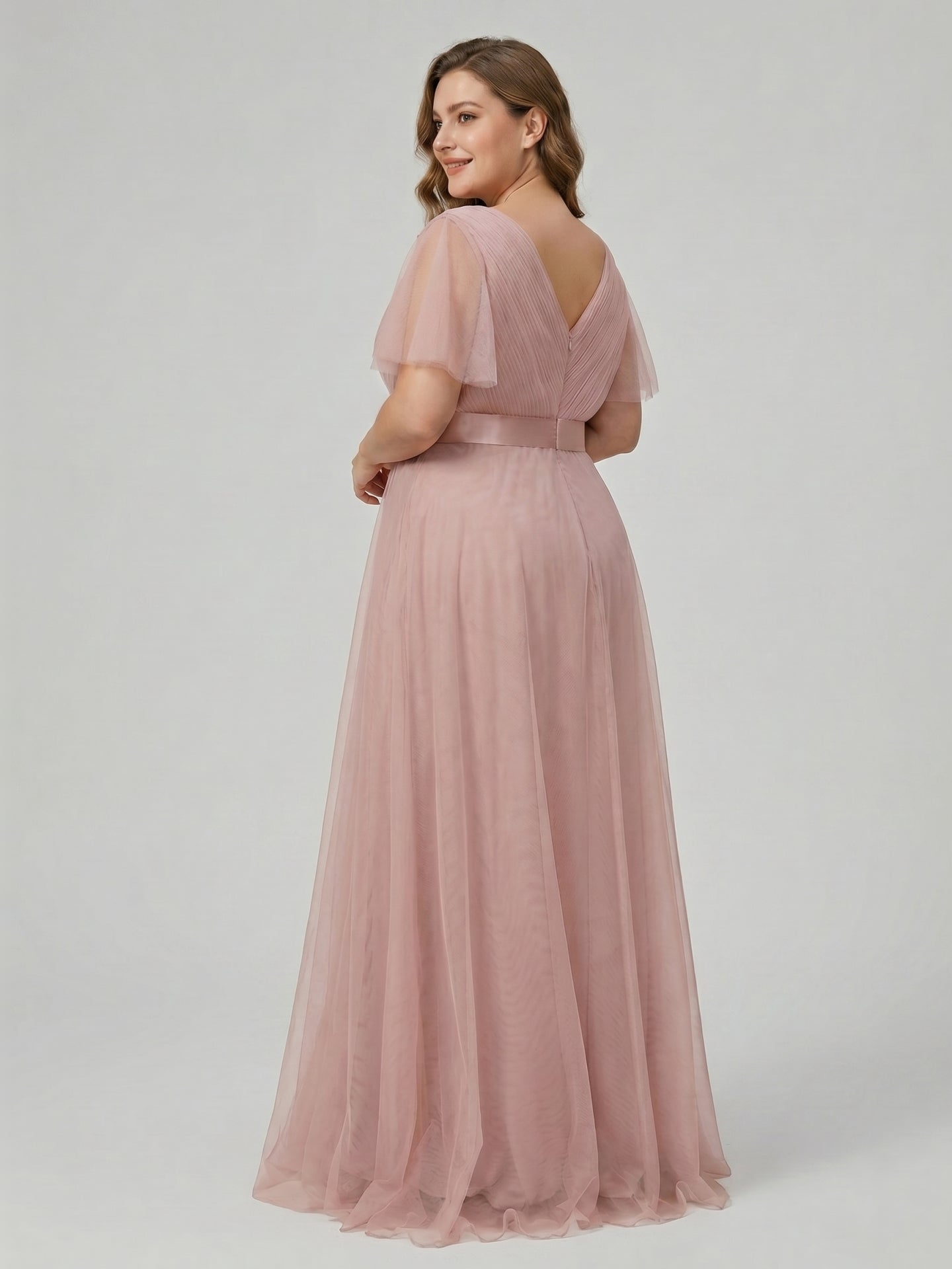 Sweet & Flowy Dusty Rose Tulle Empire V-Neck Back Zip Ankle-Length Plus Size Bridesmaid Dress