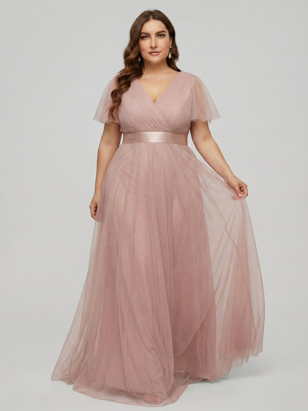 Sweet & Flowy Dusty Rose Tulle Empire V-Neck Back Zip Ankle-Length Plus Size Bridesmaid Dress