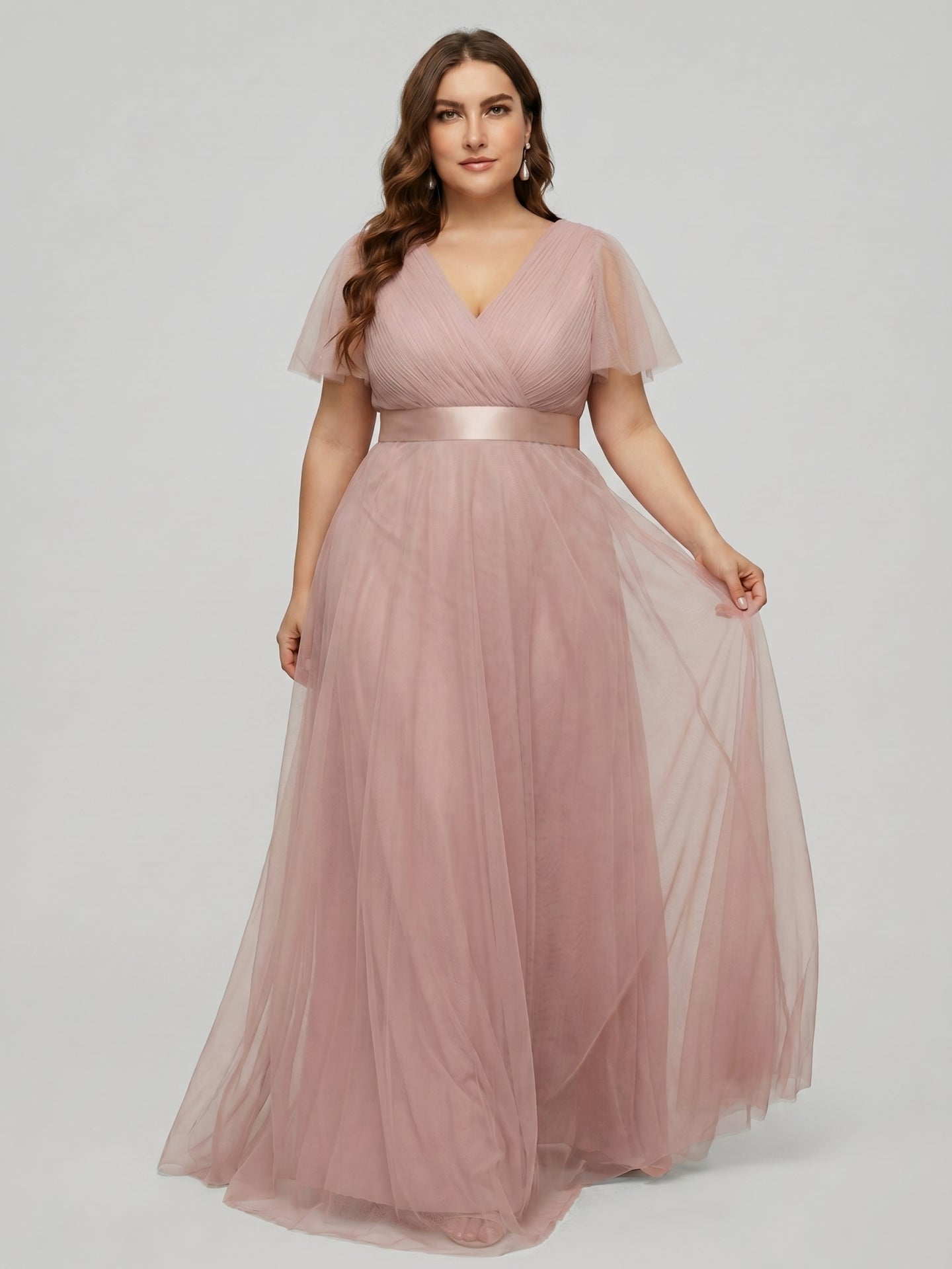 Sweet & Flowy Dusty Rose Tulle Empire V-Neck Back Zip Ankle-Length Plus Size Bridesmaid Dress