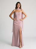 Dusty Rose Chiffon A-Line Lace-Up Back Floor-Length Dress with Pleating