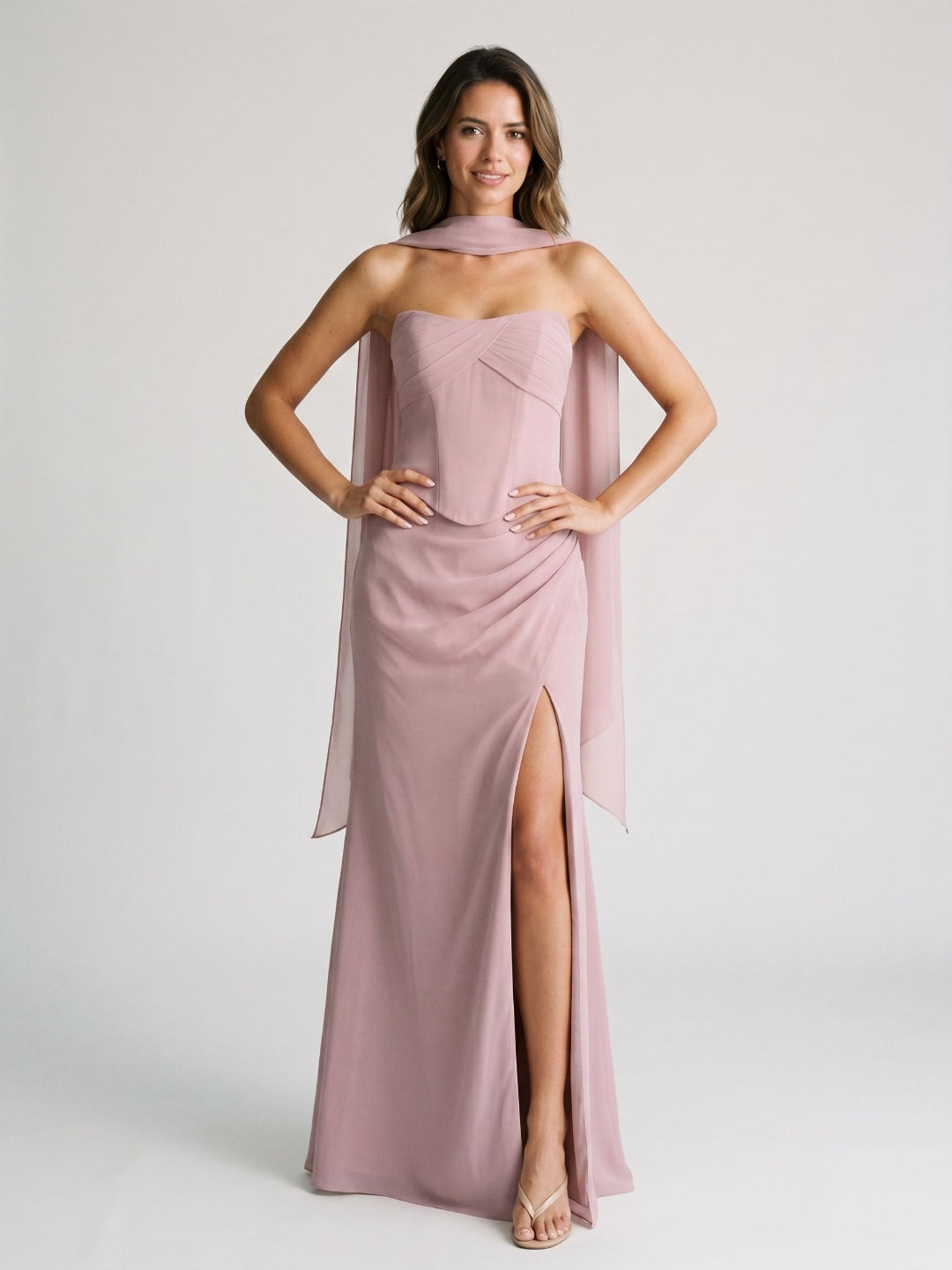 Dusty Rose Chiffon A-Line Lace-Up Back Floor-Length Dress with Pleating