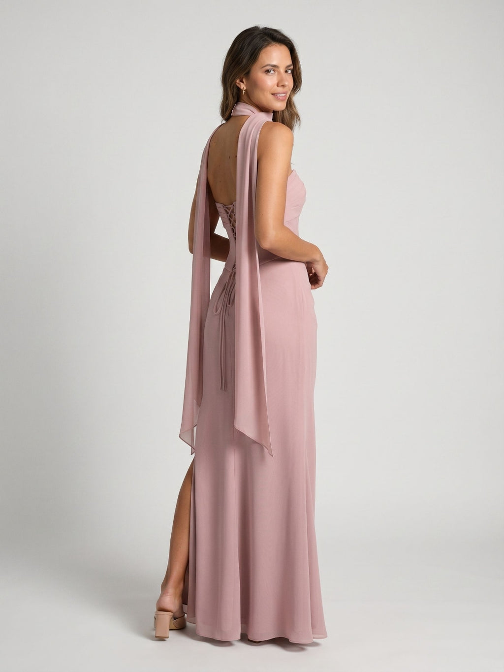 Dusty Rose Chiffon A-Line Lace-Up Back Floor-Length Dress with Pleating