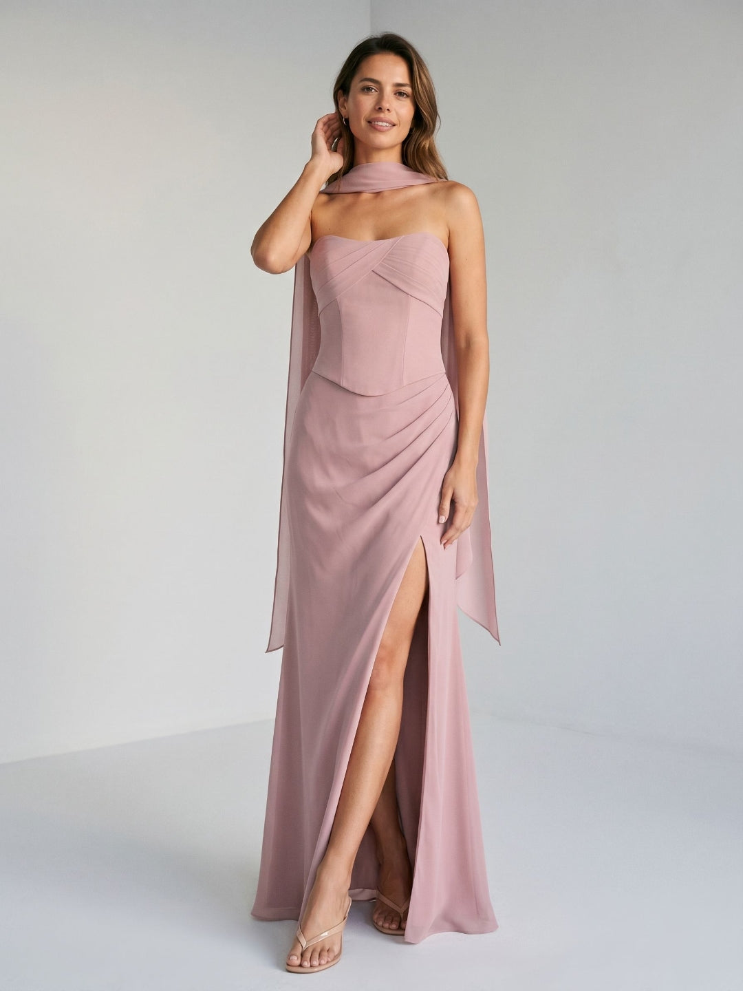 Dusty Rose Chiffon A-Line Lace-Up Back Floor-Length Dress with Pleating