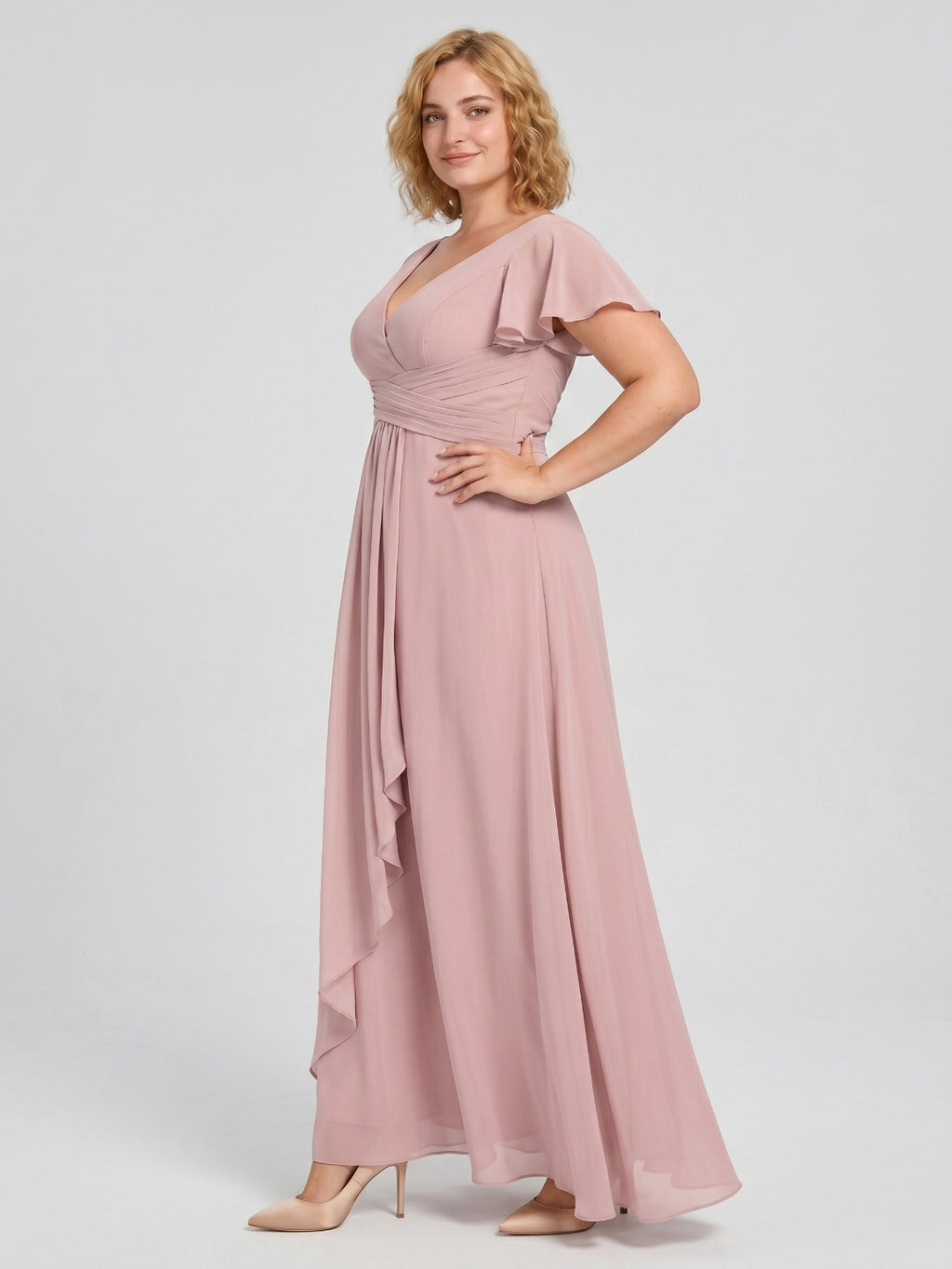 Dusty Rose Chiffon V-Neck Back Zip  A-Line Ankle-Length Plus Size Bridesmaid Dress