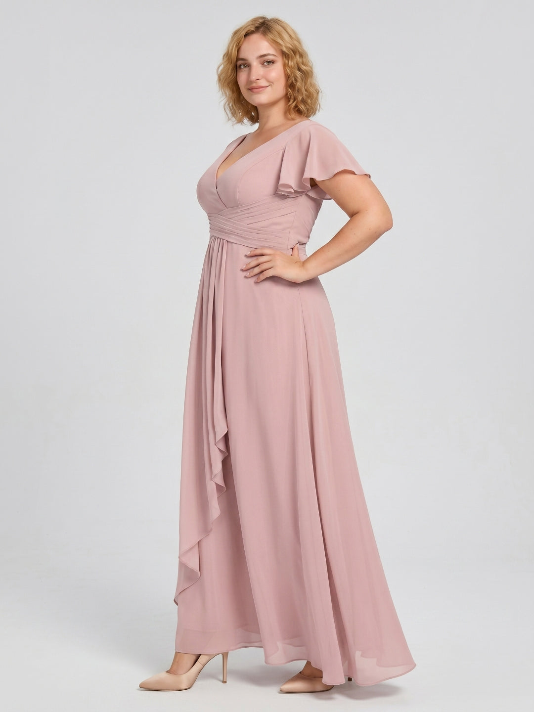 Dusty Rose Chiffon V-Neck Back Zip  A-Line Ankle-Length Plus Size Bridesmaid Dress