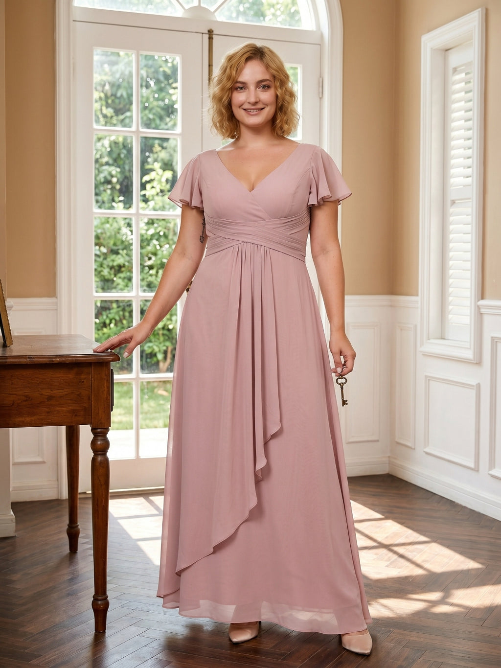Dusty Rose Chiffon V-Neck Back Zip  A-Line Ankle-Length Plus Size Bridesmaid Dress