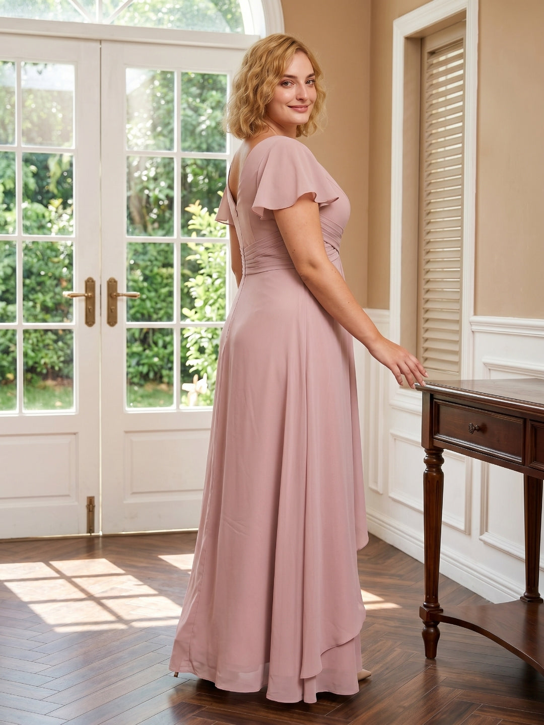 Dusty Rose Chiffon V-Neck Back Zip  A-Line Ankle-Length Plus Size Bridesmaid Dress