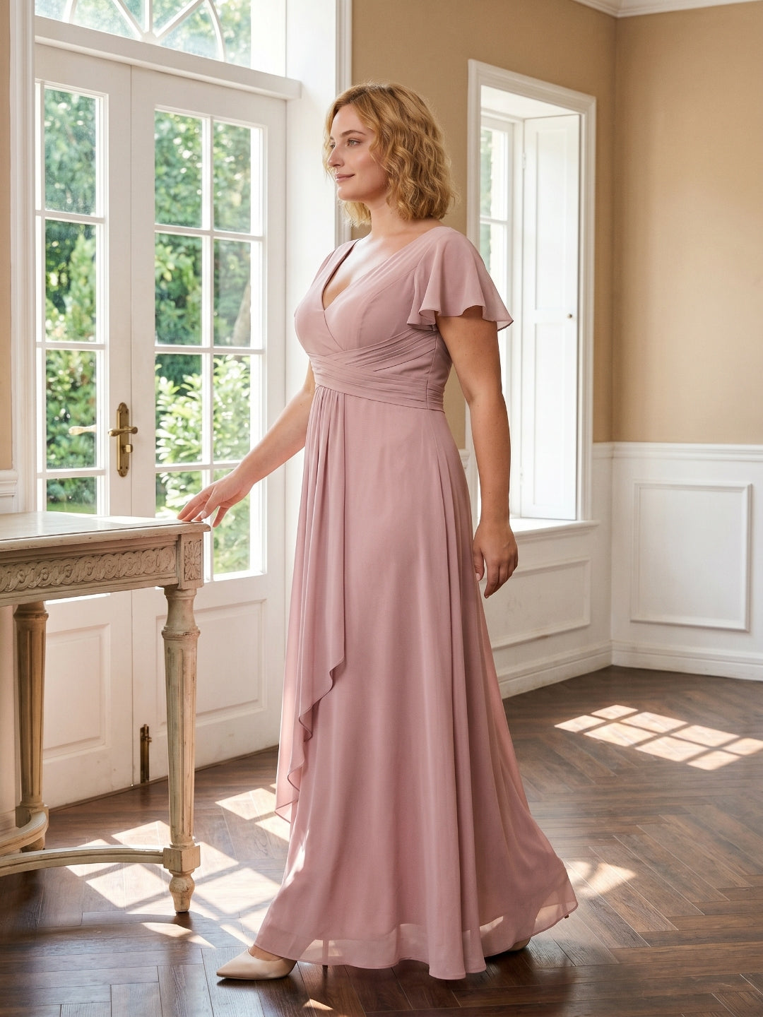 Dusty Rose Chiffon V-Neck Back Zip  A-Line Ankle-Length Plus Size Bridesmaid Dress
