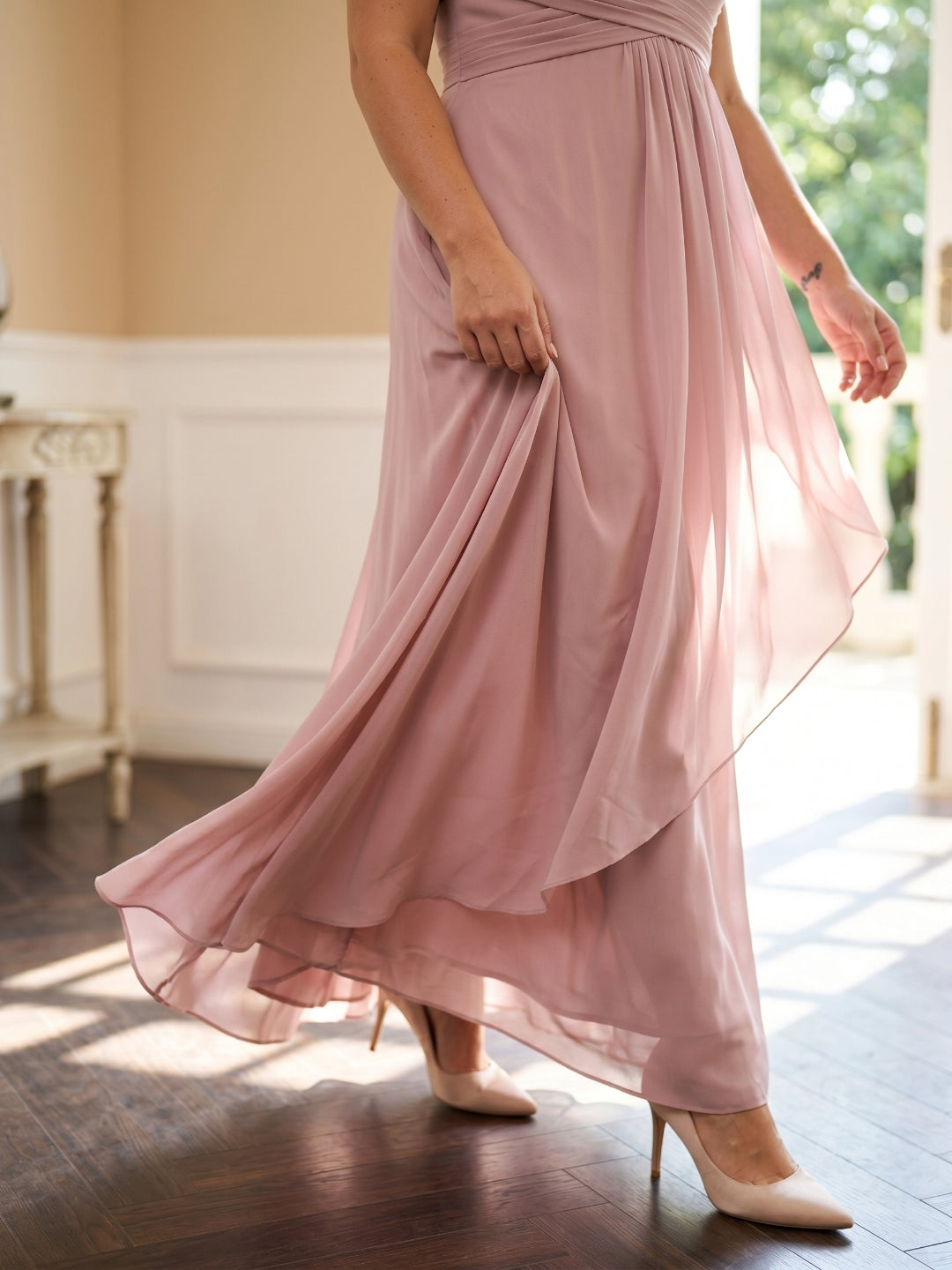 Dusty Rose Chiffon V-Neck Back Zip  A-Line Ankle-Length Plus Size Bridesmaid Dress
