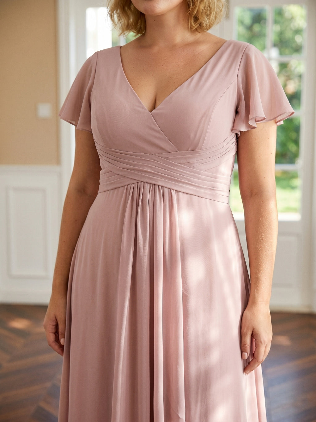 Dusty Rose Chiffon V-Neck Back Zip  A-Line Ankle-Length Plus Size Bridesmaid Dress