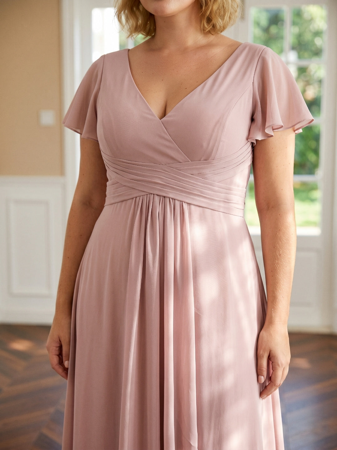 Dusty Rose Chiffon V-Neck Back Zip  A-Line Ankle-Length Plus Size Bridesmaid Dress