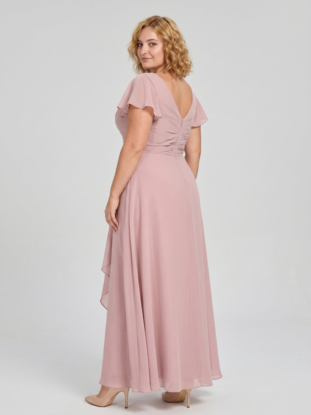 Dusty Rose Chiffon V-Neck Back Zip  A-Line Ankle-Length Plus Size Bridesmaid Dress