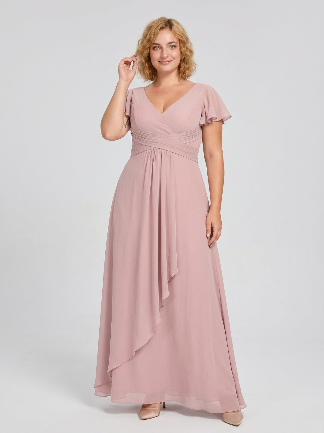 Dusty Rose Chiffon V-Neck Back Zip  A-Line Ankle-Length Plus Size Bridesmaid Dress
