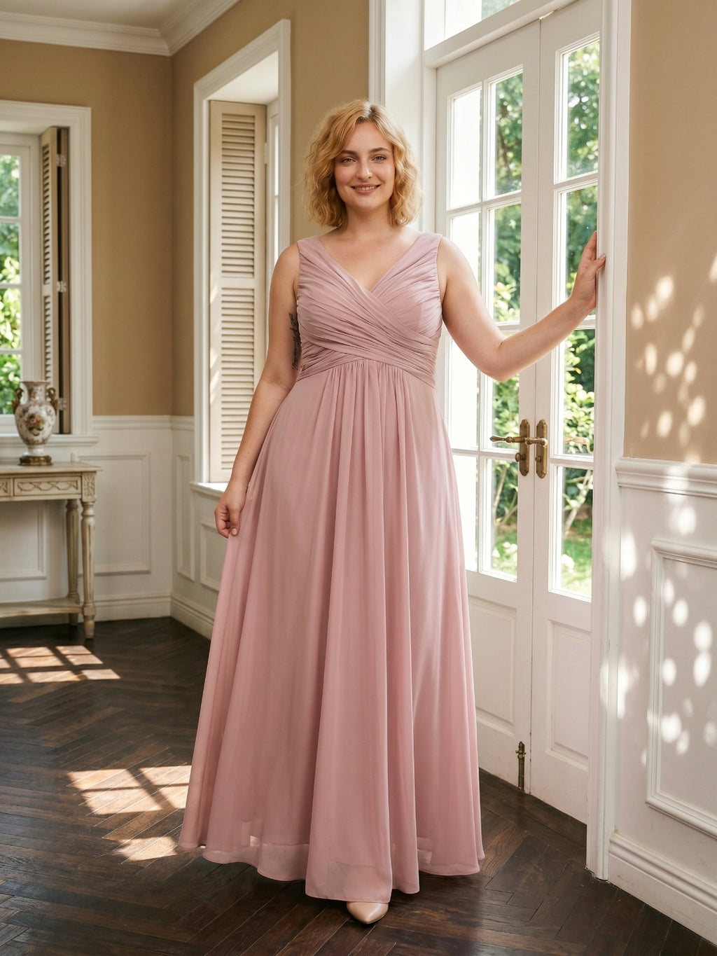 Dusty Rose Chiffon V-Neck V-Back  A-Line Ankle-Length  Plus Size Bridesmaid Dress