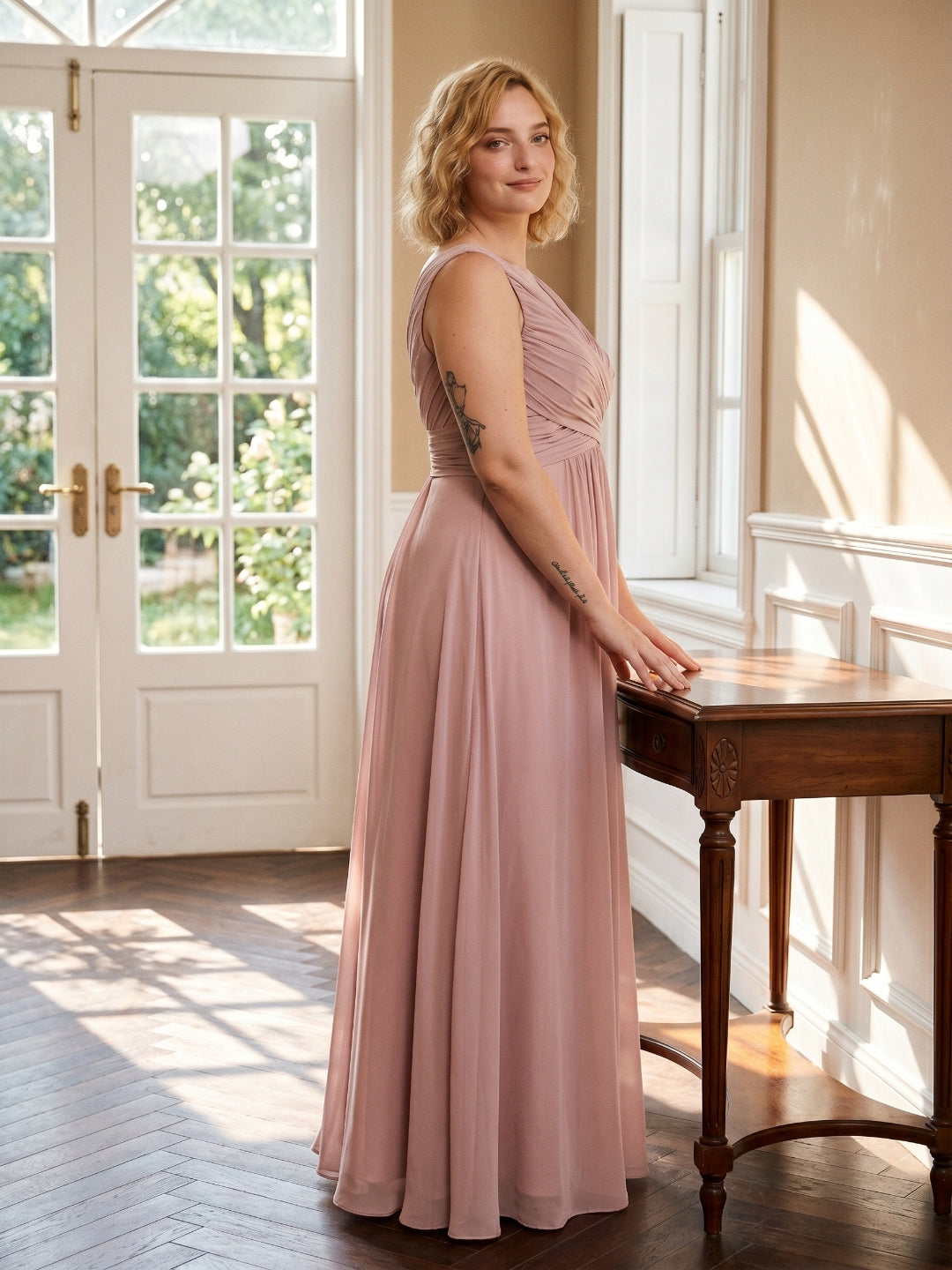 Dusty Rose Chiffon V-Neck V-Back  A-Line Ankle-Length  Plus Size Bridesmaid Dress