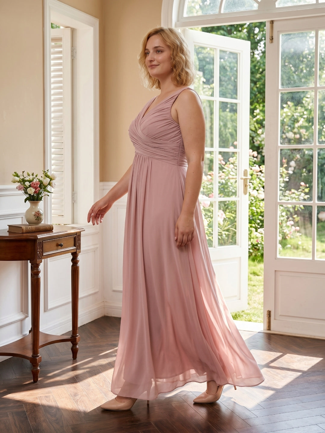Dusty Rose Chiffon V-Neck V-Back  A-Line Ankle-Length  Plus Size Bridesmaid Dress