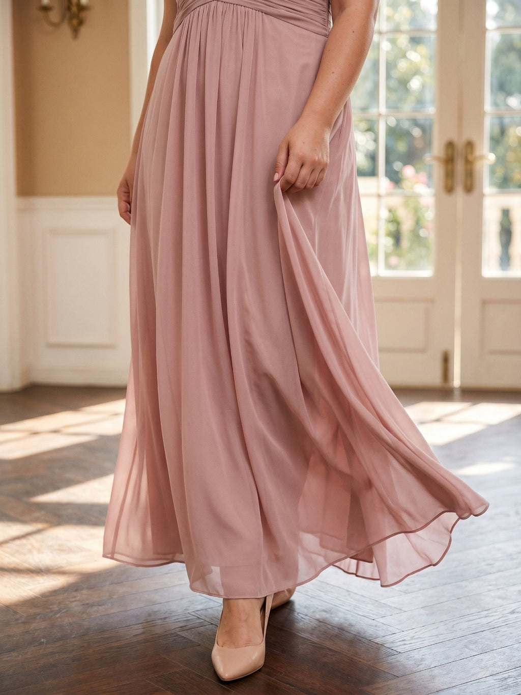 Dusty Rose Chiffon V-Neck V-Back  A-Line Ankle-Length  Plus Size Bridesmaid Dress