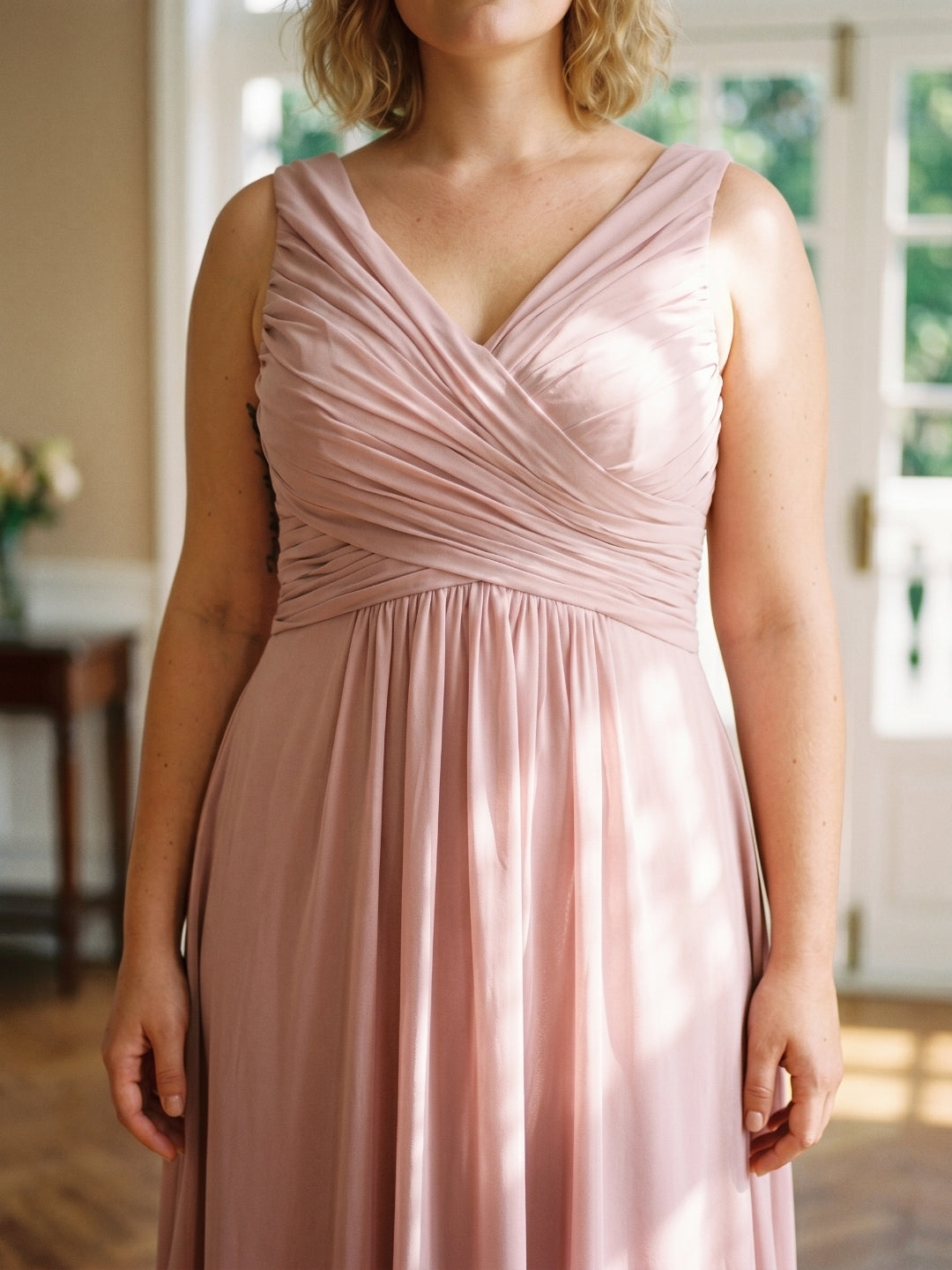 Dusty Rose Chiffon V-Neck V-Back  A-Line Ankle-Length  Plus Size Bridesmaid Dress