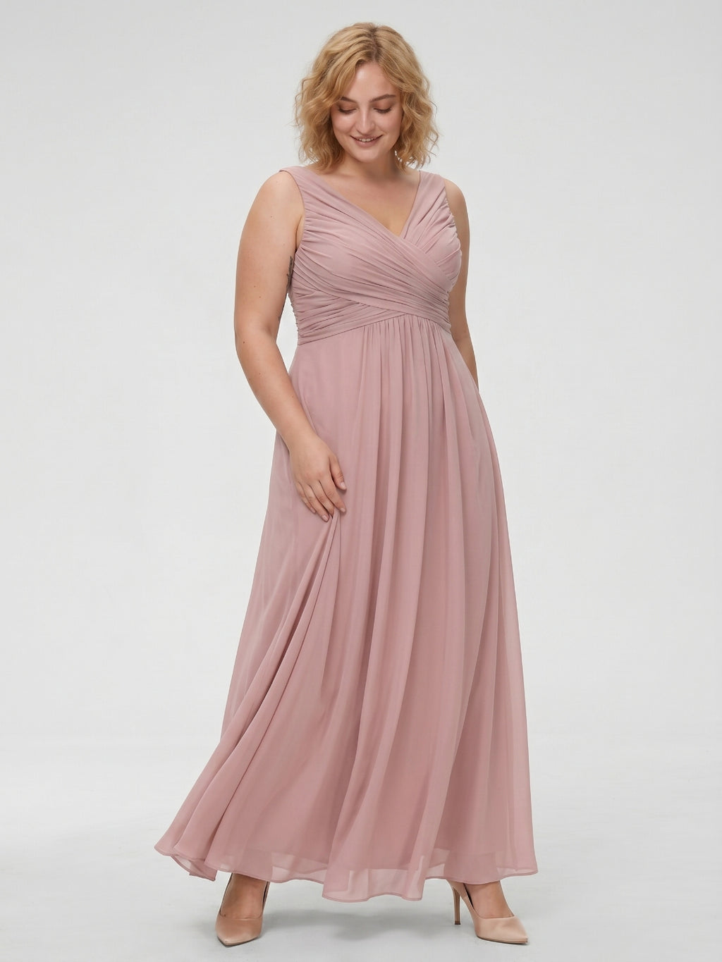 Dusty Rose Chiffon V-Neck V-Back  A-Line Ankle-Length  Plus Size Bridesmaid Dress