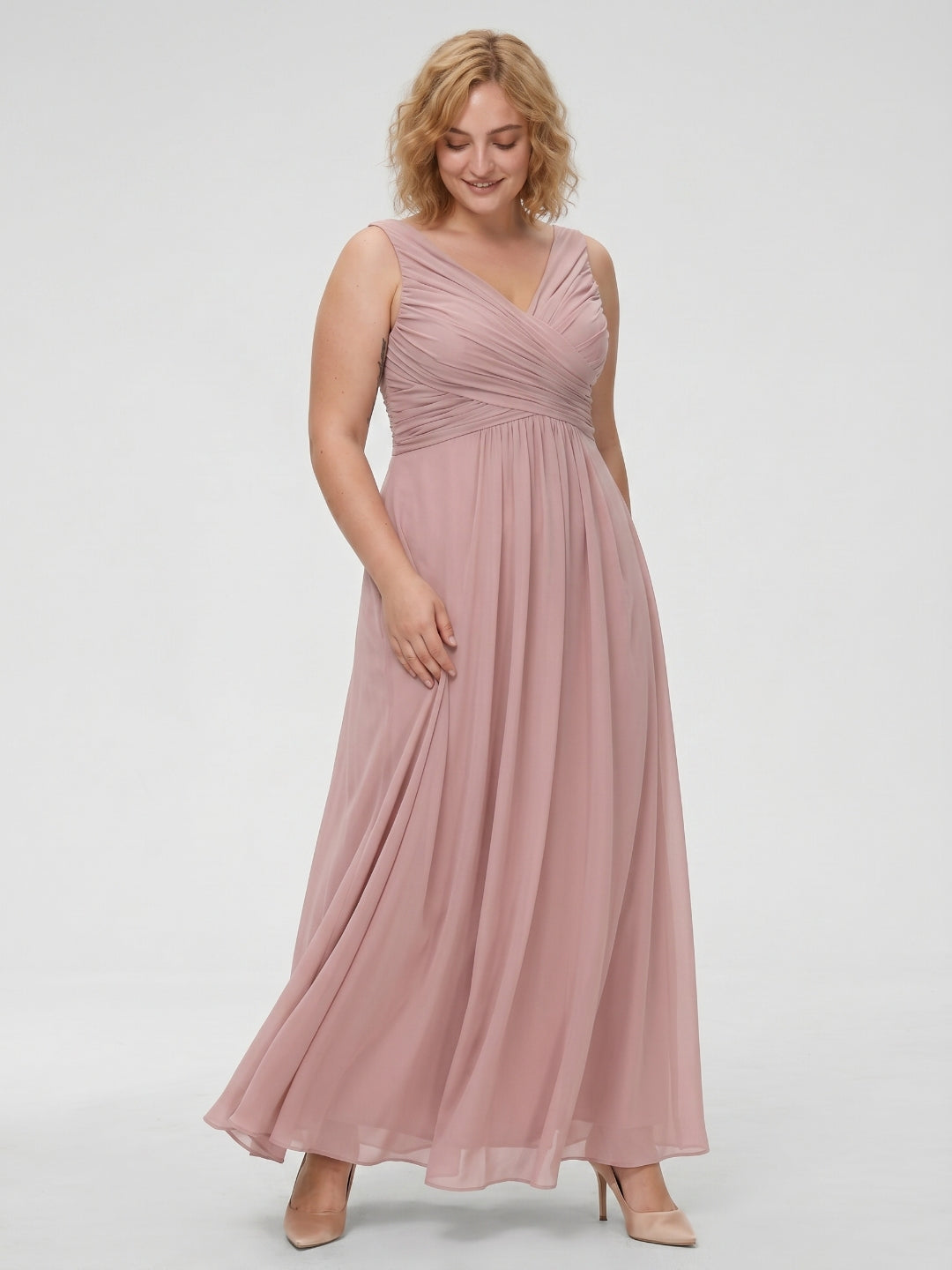 Dusty Rose Chiffon V-Neck V-Back  A-Line Ankle-Length  Plus Size Bridesmaid Dress