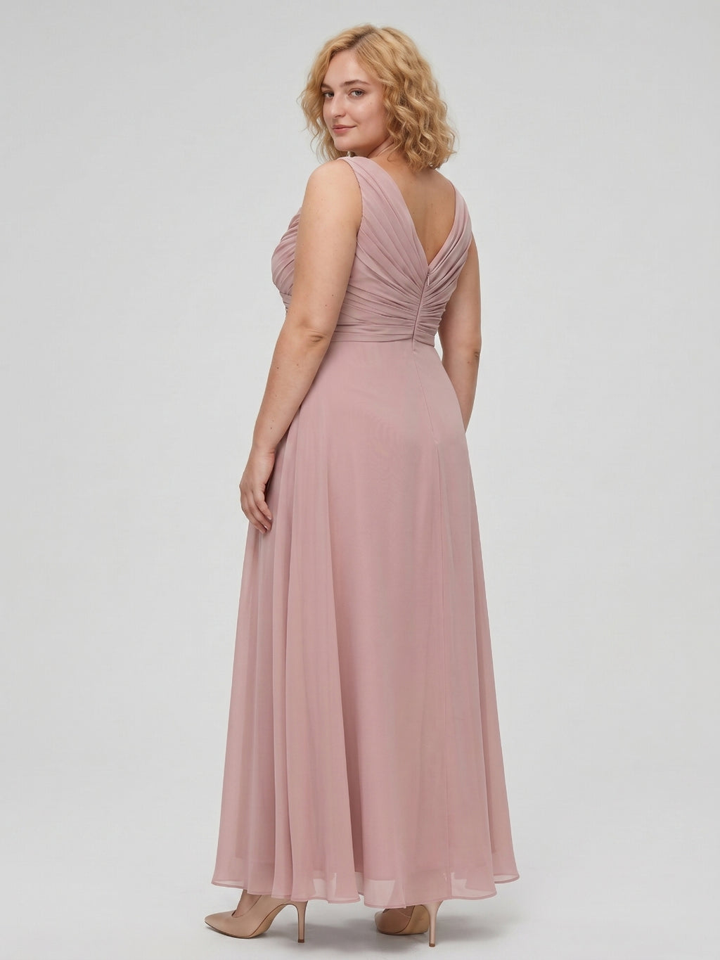 Dusty Rose Chiffon V-Neck V-Back  A-Line Ankle-Length  Plus Size Bridesmaid Dress