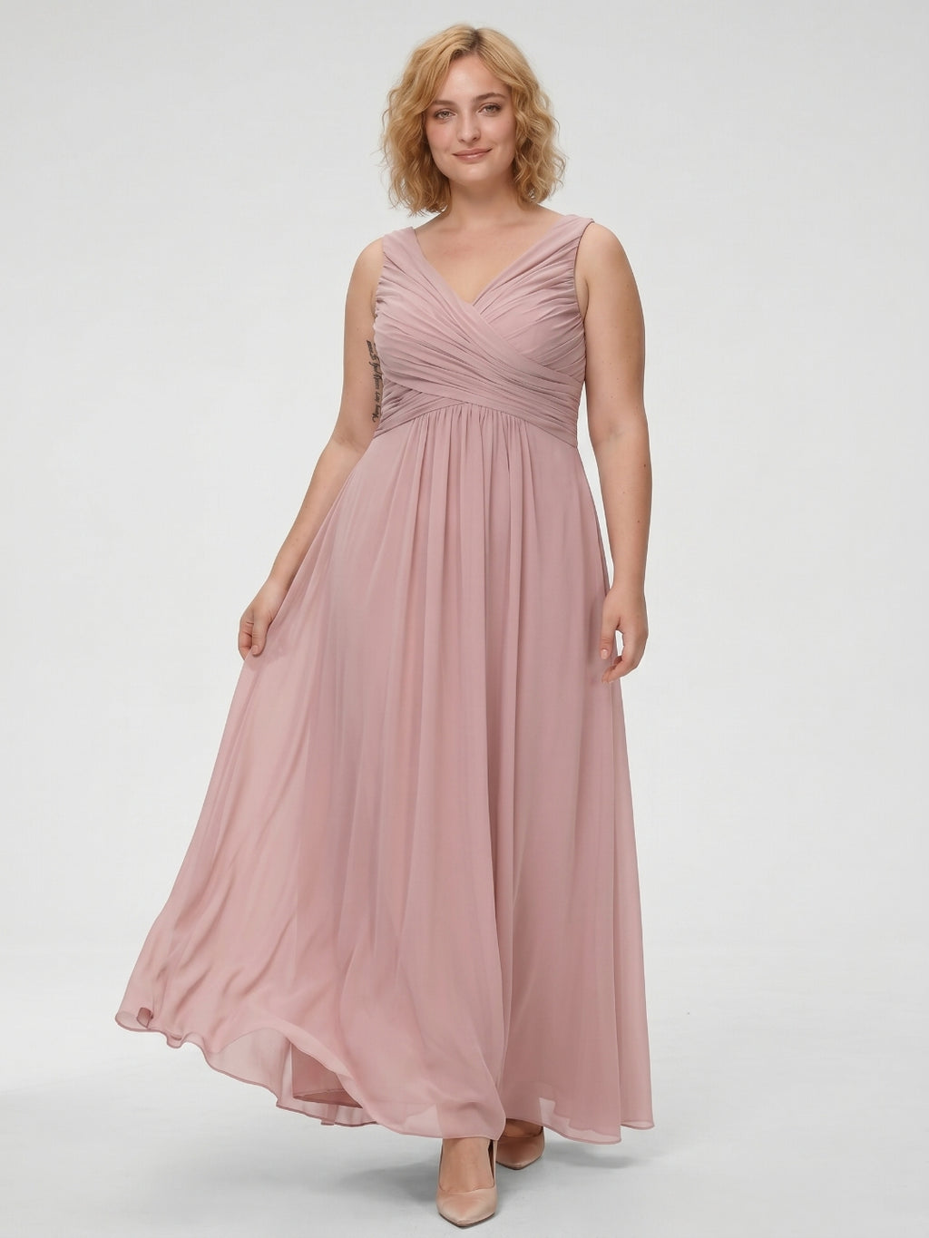Dusty Rose Chiffon V-Neck V-Back  A-Line Ankle-Length  Plus Size Bridesmaid Dress
