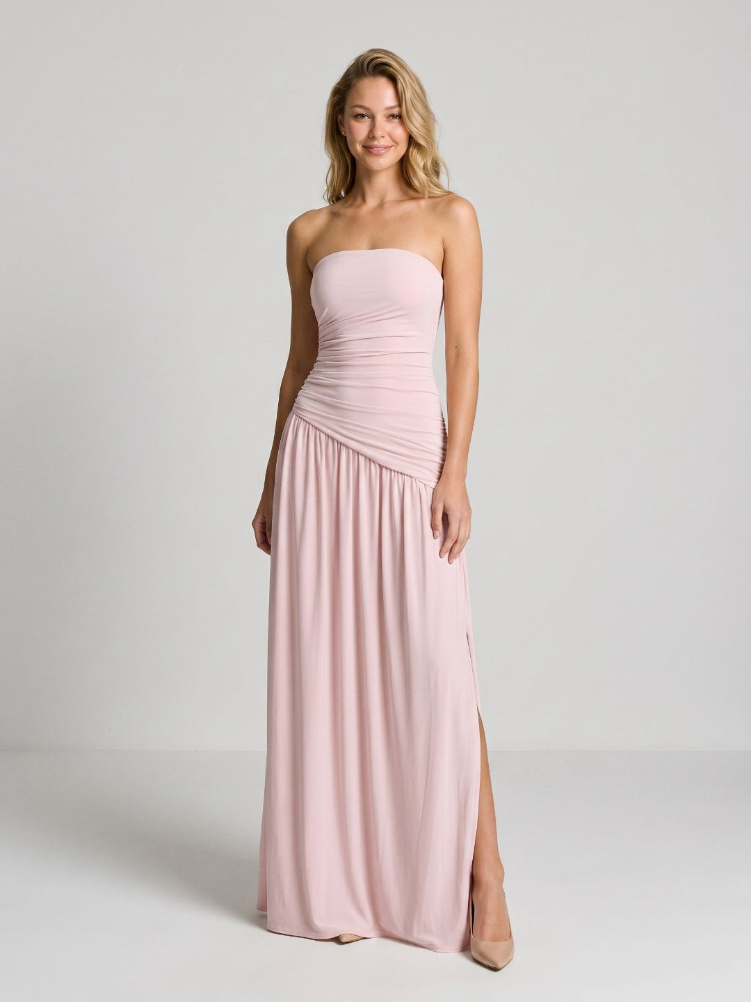 Dusty Rose Matte Satin Sheath Straight Neck Corset Floor Formal Dress with Pleating