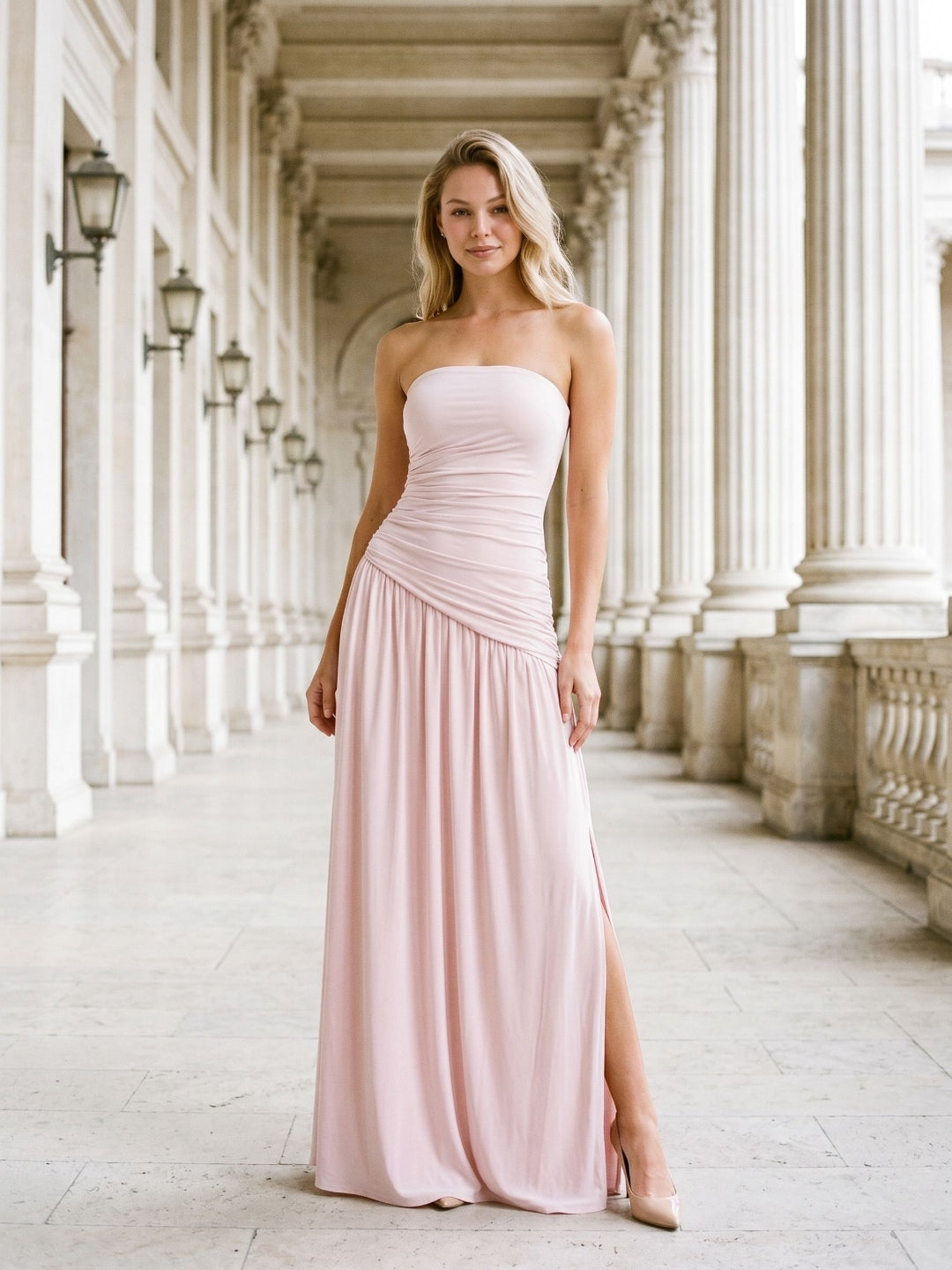 Dusty Rose Matte Satin Sheath Straight Neck Corset Floor Formal Dress with Pleating