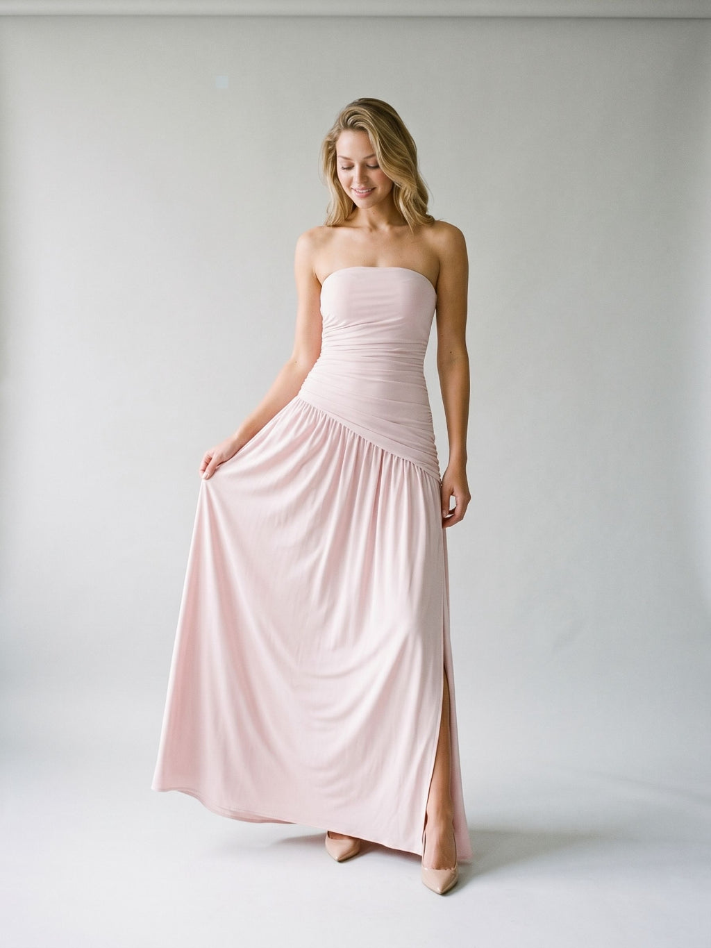 Dusty Rose Matte Satin Sheath Straight Neck Corset Floor Formal Dress with Pleating