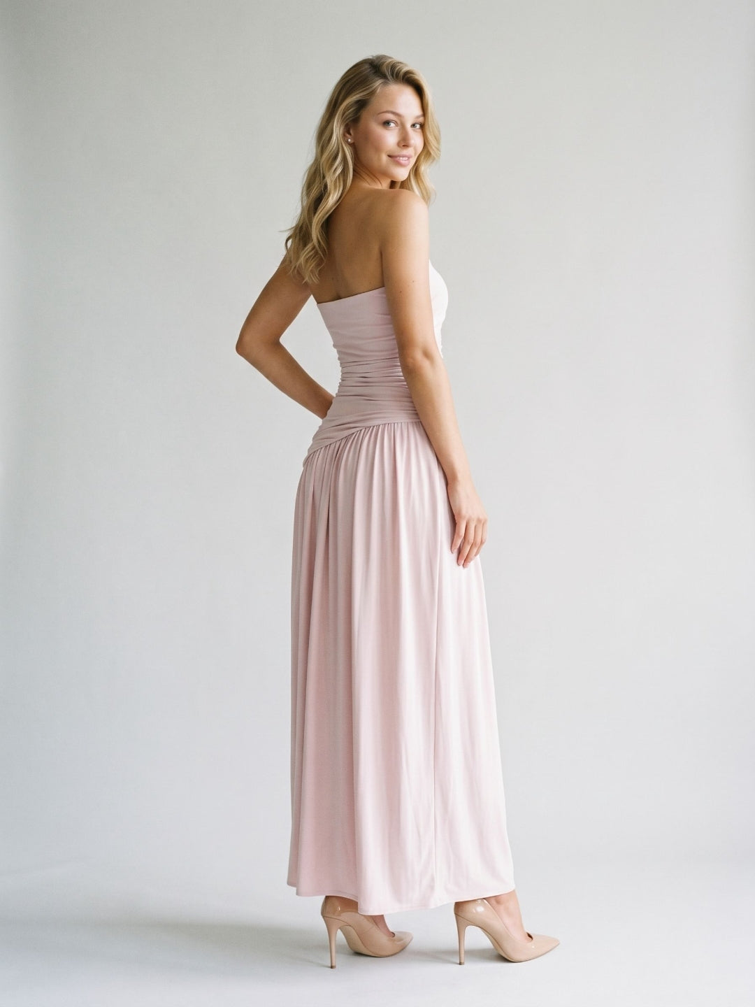 Dusty Rose Matte Satin Sheath Straight Neck Corset Floor Formal Dress with Pleating