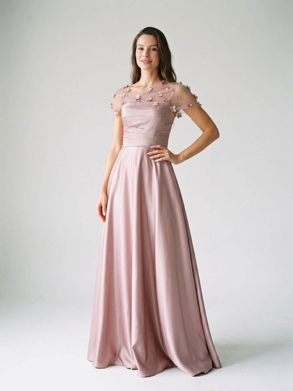 Dusty Rose Satin A-Line One Shoulder Back Zip Floor-Length Dress with 3D Flowers