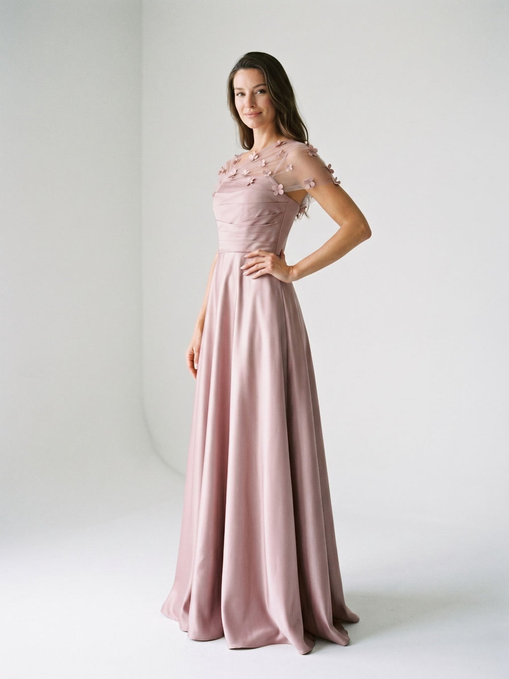 Dusty Rose Satin A-Line One Shoulder Back Zip Floor-Length Dress with 3D Flowers