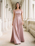 Dusty Rose Satin A-Line One Shoulder Back Zip Floor-Length Dress with 3D Flowers