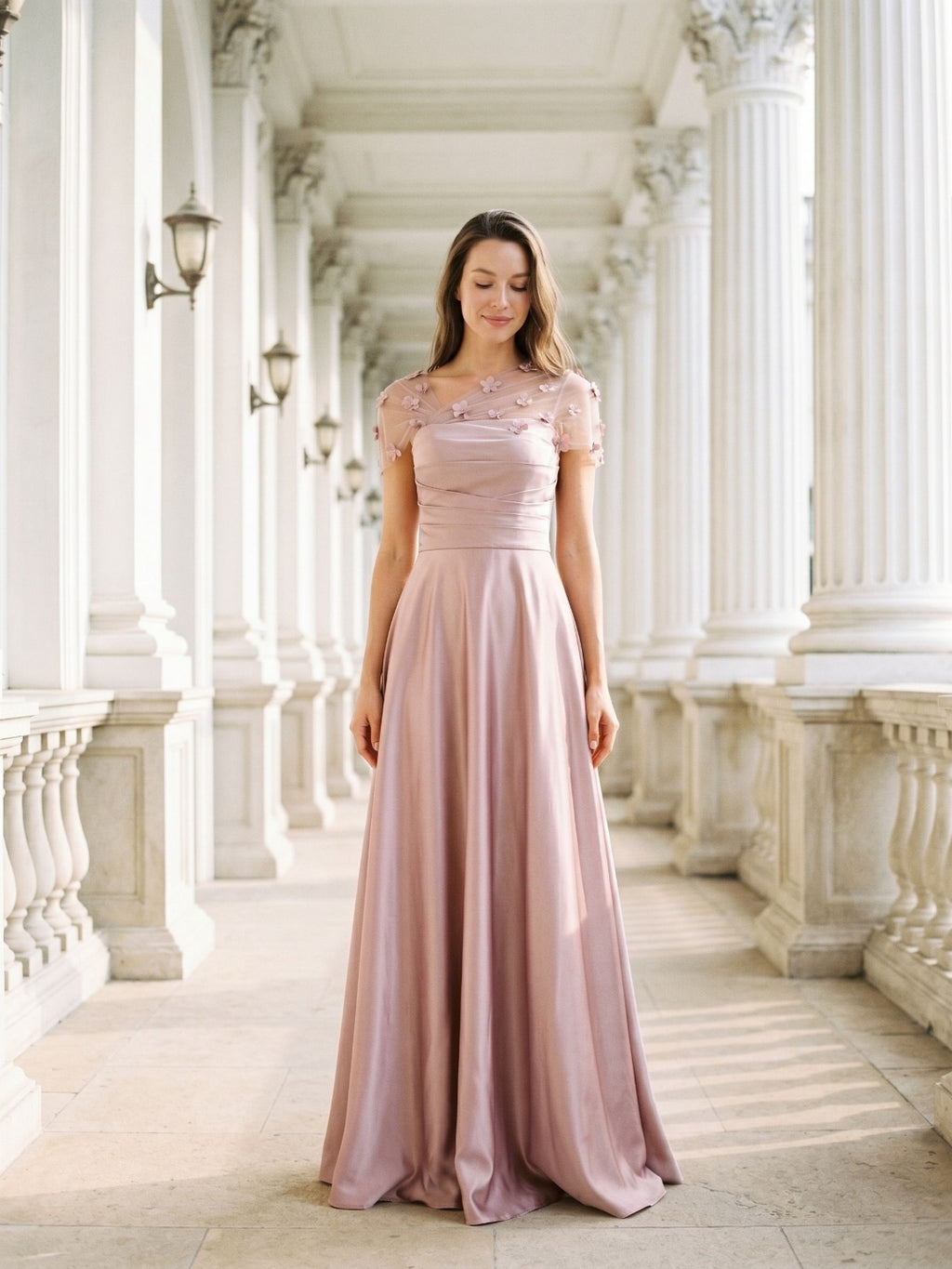 Dusty Rose Satin A-Line One Shoulder Back Zip Floor-Length Dress with 3D Flowers