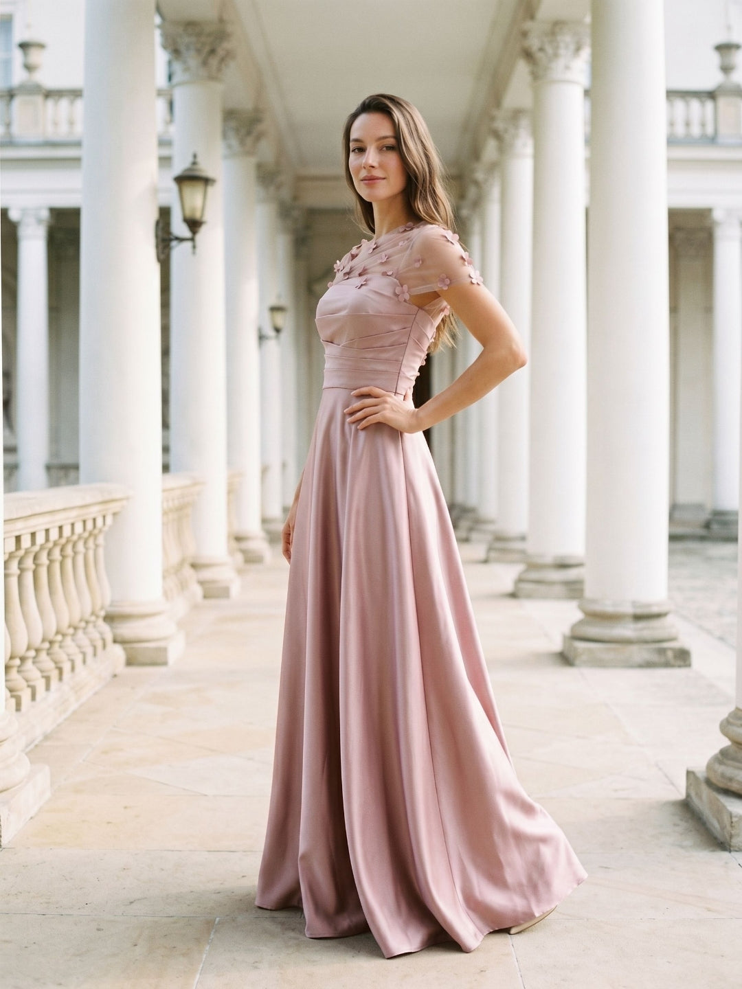Dusty Rose Satin A-Line One Shoulder Back Zip Floor-Length Dress with 3D Flowers