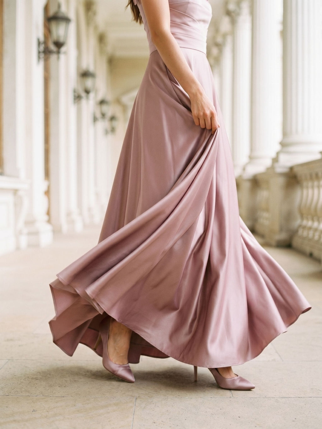 Dusty Rose Satin A-Line One Shoulder Back Zip Floor-Length Dress with 3D Flowers
