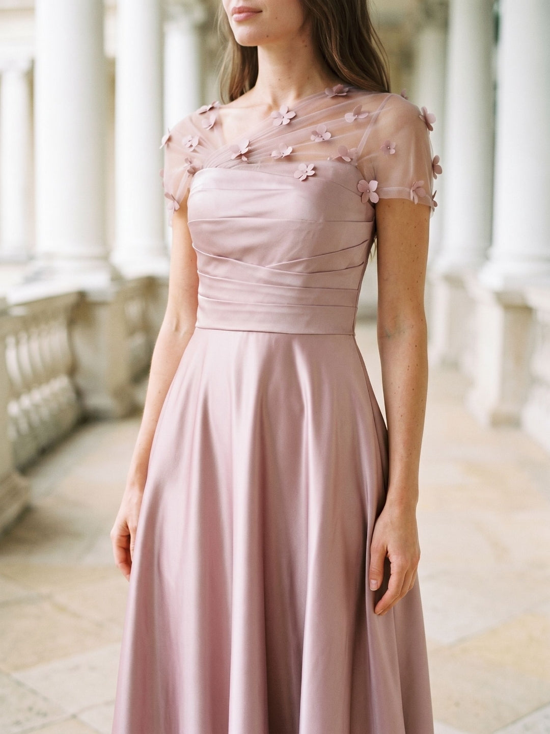 Dusty Rose Satin A-Line One Shoulder Back Zip Floor-Length Dress with 3D Flowers
