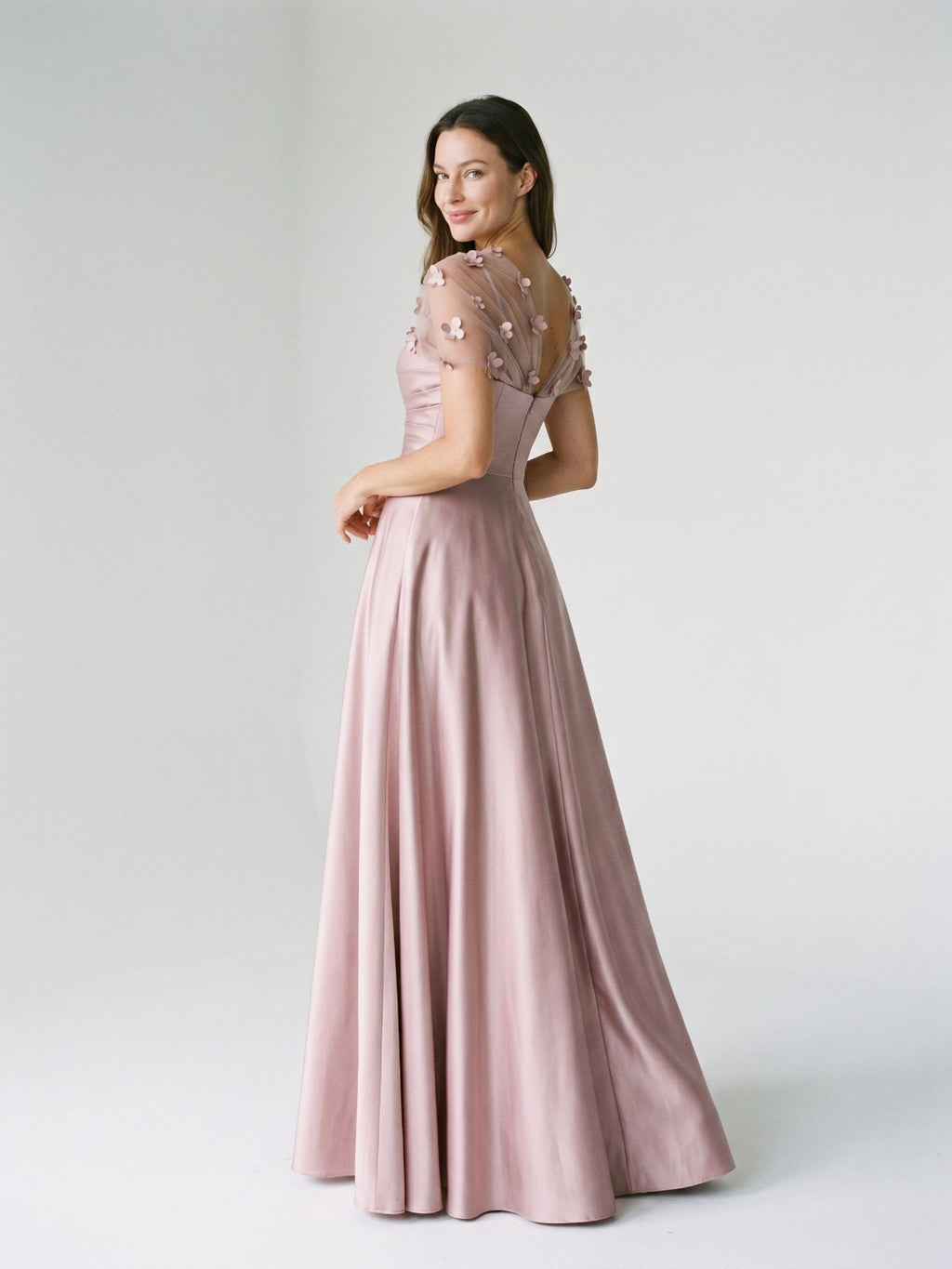 Dusty Rose Satin A-Line One Shoulder Back Zip Floor-Length Dress with 3D Flowers