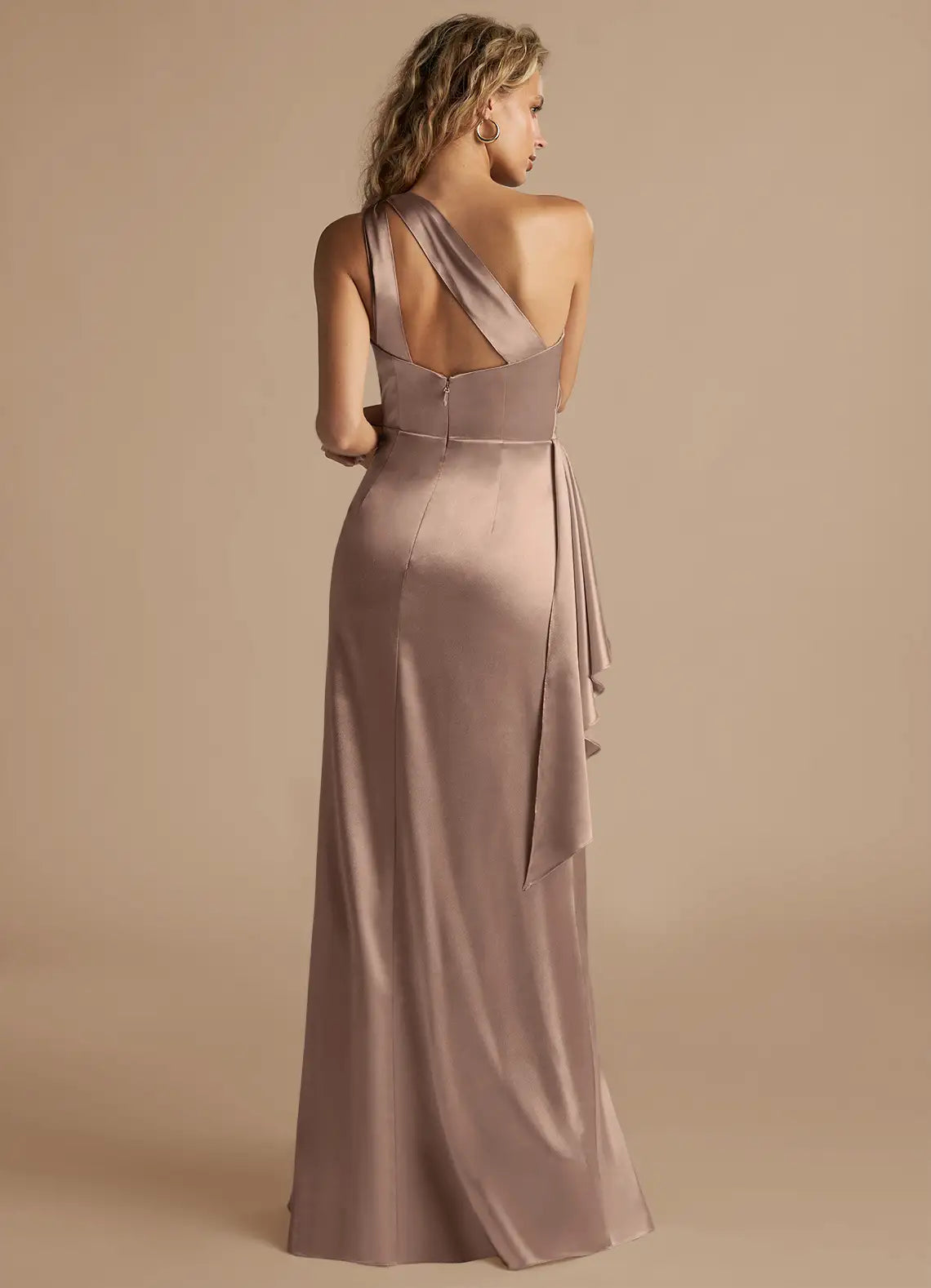 Taupe Satin One-Shoulder Bridesmaid Dress with Ruched Bodice, Draped Detail and High Slit